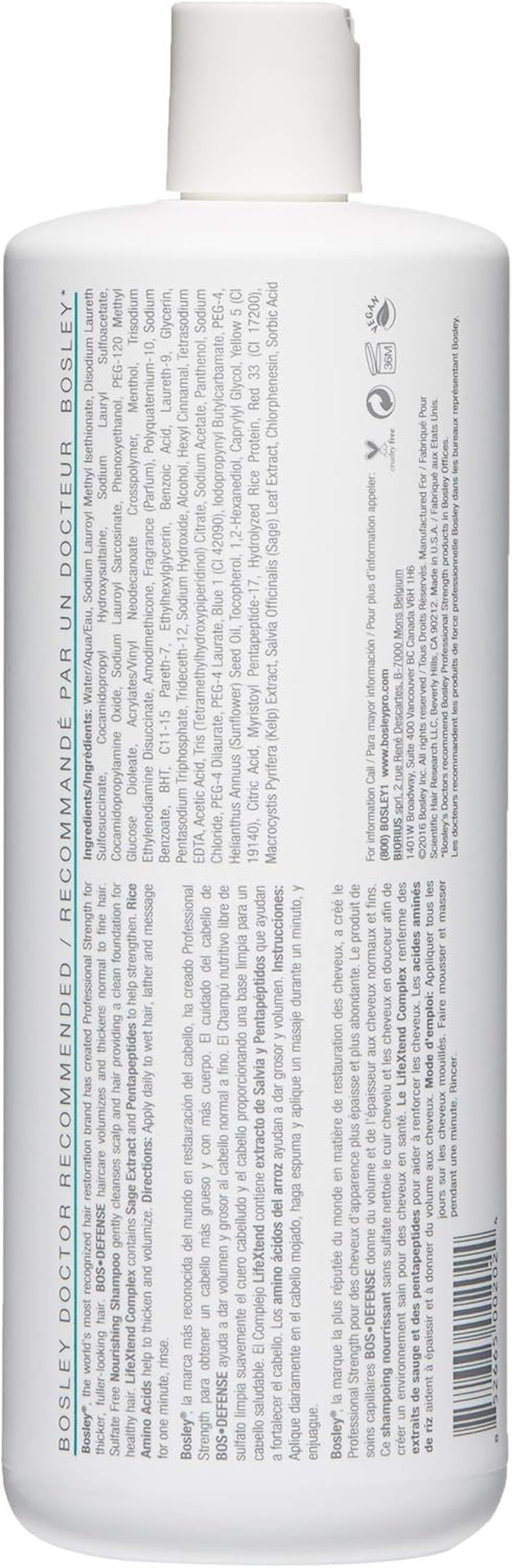 Bosley Bos-Defense Nourishing Shampoo for Normal to Fine Non Color-Treated Hair, 1000 Ml