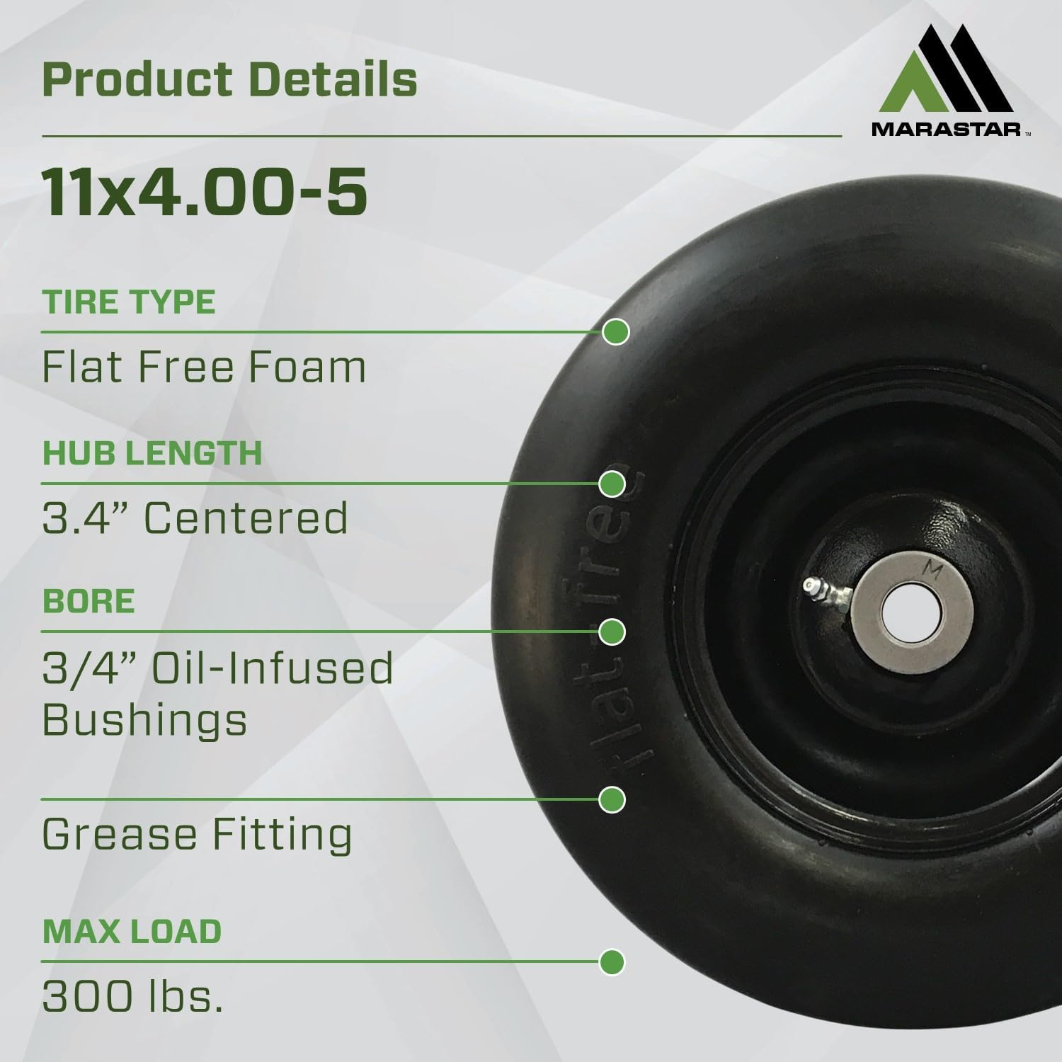 MARASTAR 00232 Universal Fit Flat Free 11 X4.00-5 Lawnmower Tire Assembly, 3.4" Centered Hub, 3/4" Bushing image number 3