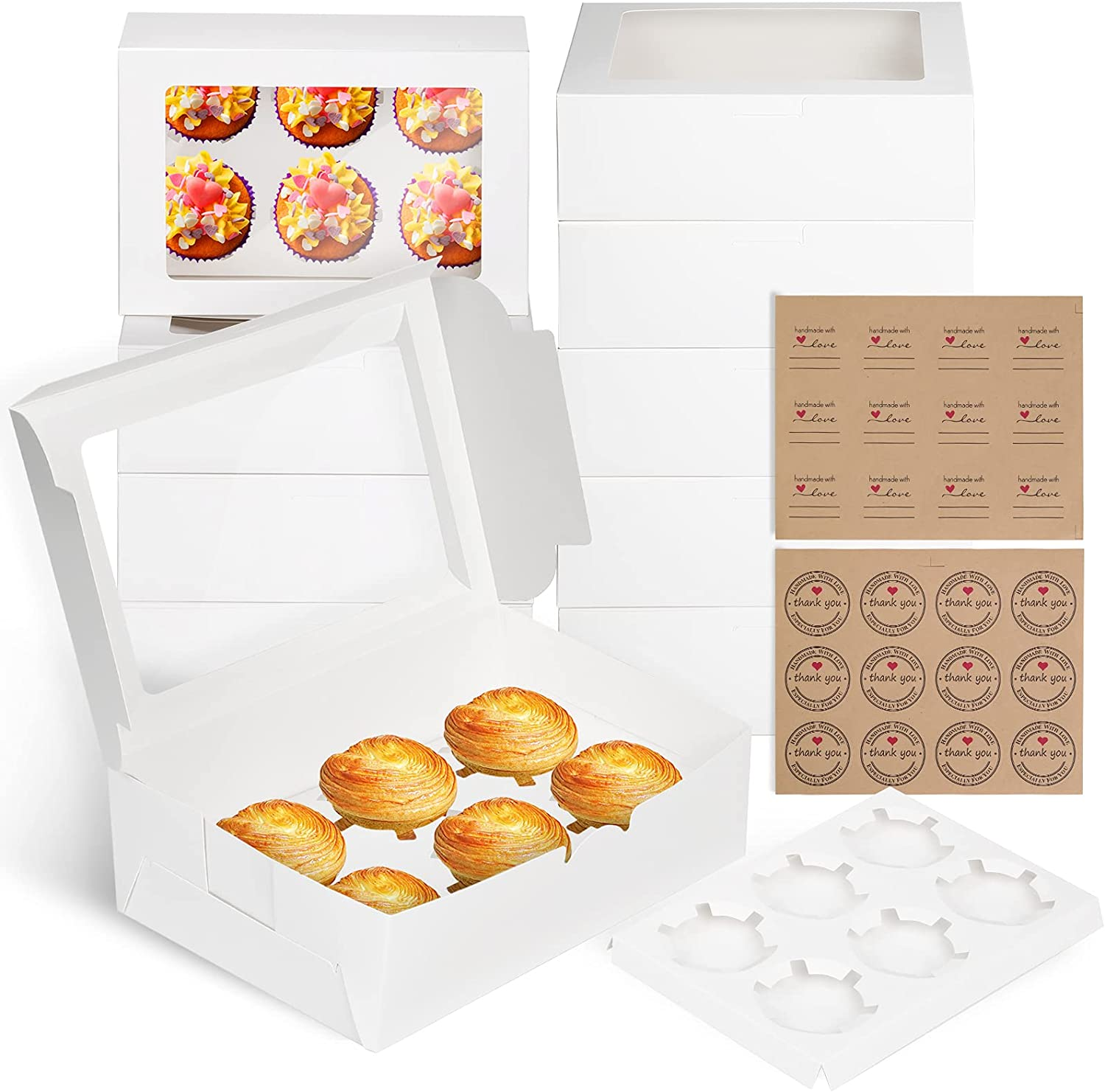 10 Pack 6 Holes Cupcake Boxes with Window Cake Cookie Bakery Boxes Muffin Donut Pastry Containers for Wedding Birthday Party Christmas,9.3X6.2X3 Inches/White image number 6