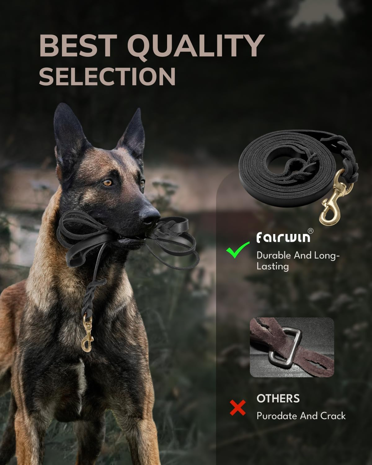 FAIRWIN Leather Dog Leash 6 Foot - Braided Military Grade Heavy Duty Dog Leash for Large Medium Small Dogs Training and Walking (Black, XL:1" X 6Ft) image number 2