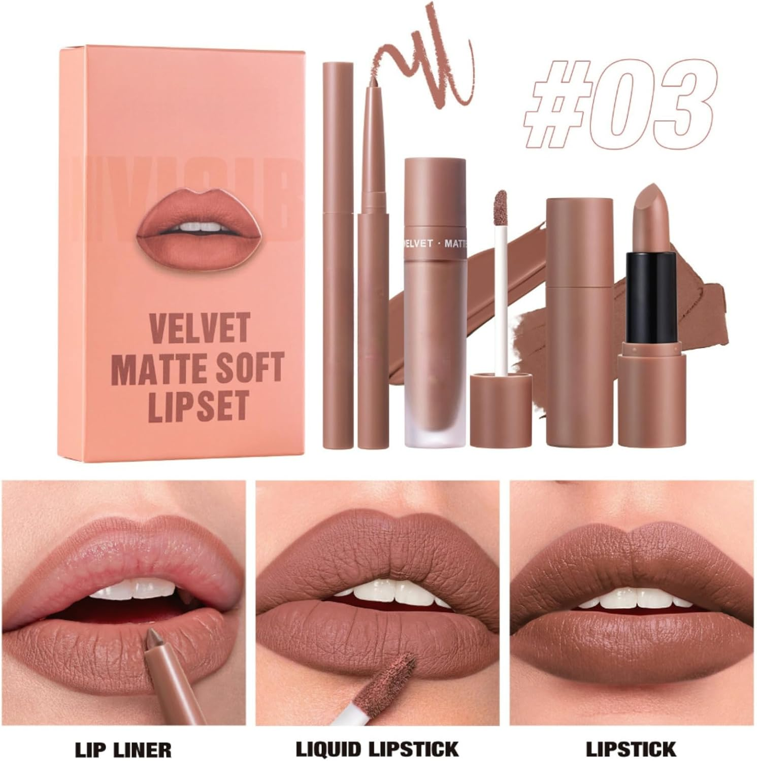 3Pcs Lip Set &ndash; Lip Liner, Lip Stain & Lipstick | Smudge-Proof, Long-Lasting Nude Brown#03
