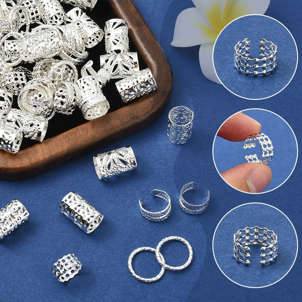 SUNNYCLUE Pack of 200 5 Styles Dreadlocks Beads Metal Cuffs Hair Braid Beads Silver Dreadlocks Braid Ring Coil Clips Adjustable Non-Penetrating Ear Cuffs round Tube Jewellery for Hair Braids Z image number 1