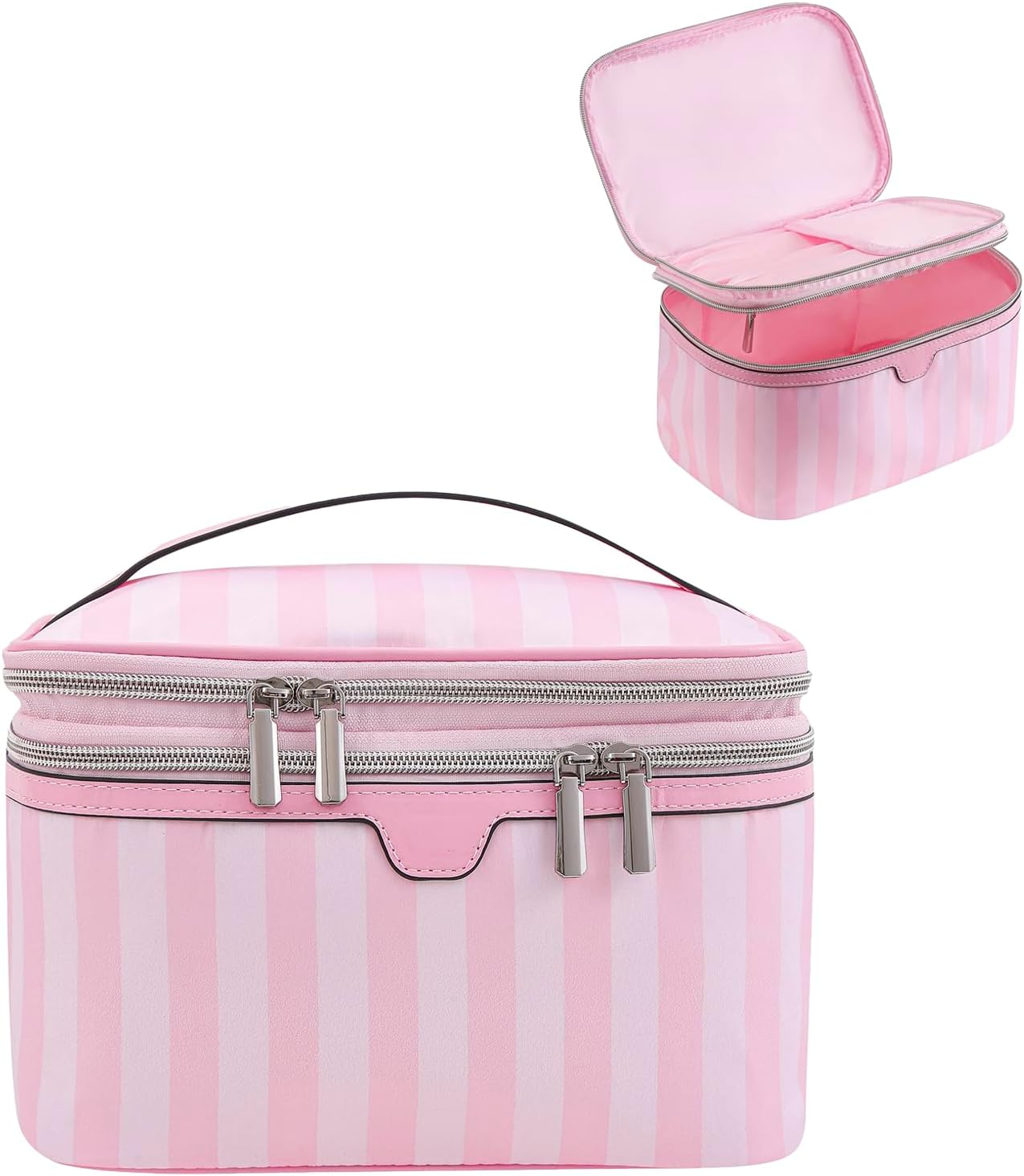 RSRSLEII Large Waterproof Double Layer Travel Makeup Bag, Aesthetic Nylon Striped Cosmetic Case，Coquette Traveling Toiletry Bag with Handle，Ideal for Women and Girls, 01Top Open, Striped and Colorful