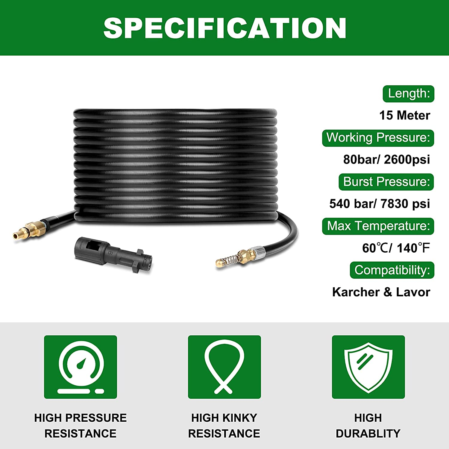 EAWONGEE 15M High Pressure Drain Jet Wash Hose Drain Pipe Sewer Jetter Kit Compatible for Karcher K2 K3 K4 K5 K6 K7 and Lavor Pressure Washers