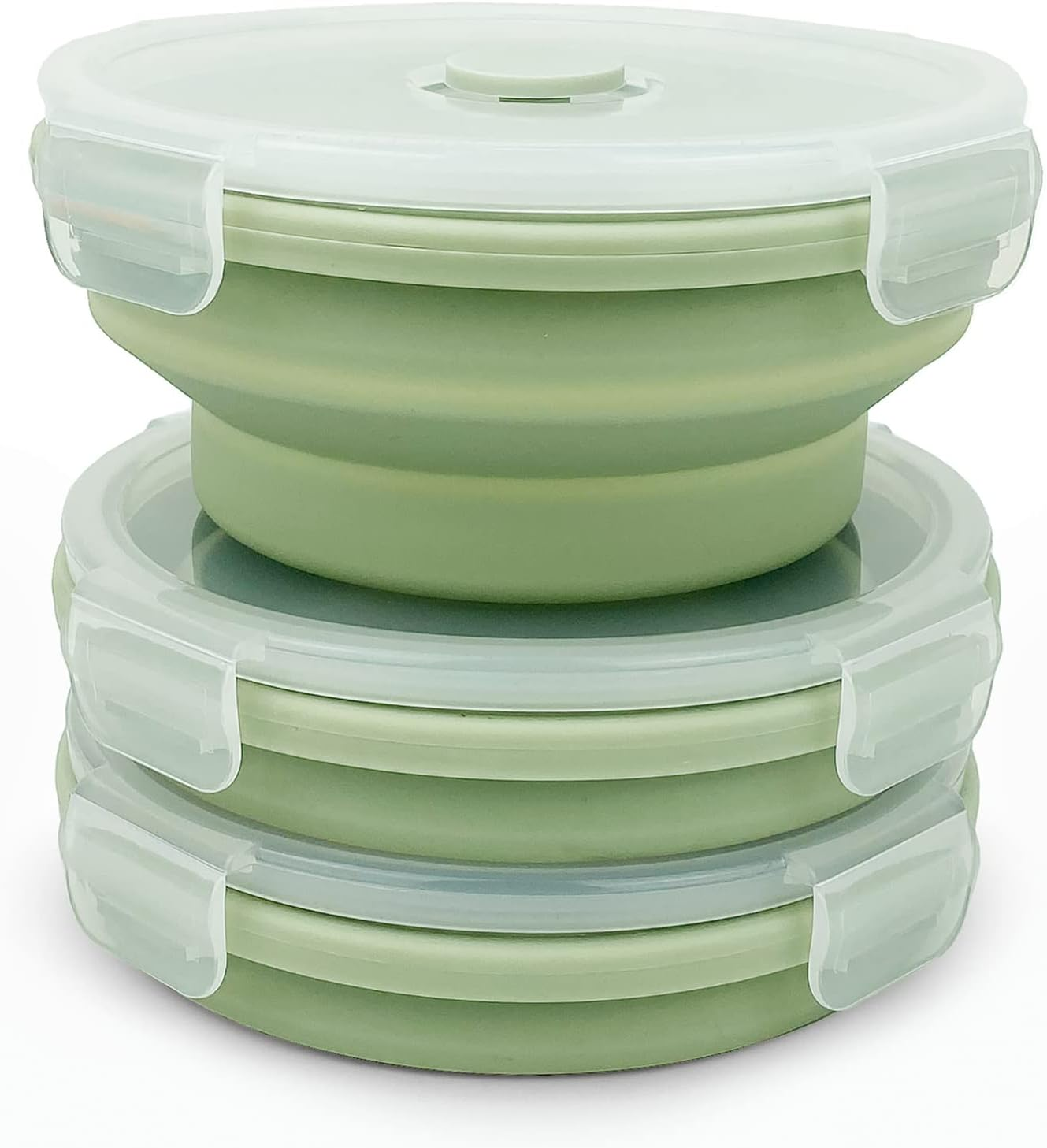 Lunbengo 3Piece Collapsible Bowl with Lids, Microwave Silicone Meal Prep Lunch Containers, Ideal Food Bowls for Snacks, Fruits, Oatmeal, Camping Travel, Round, Blue
