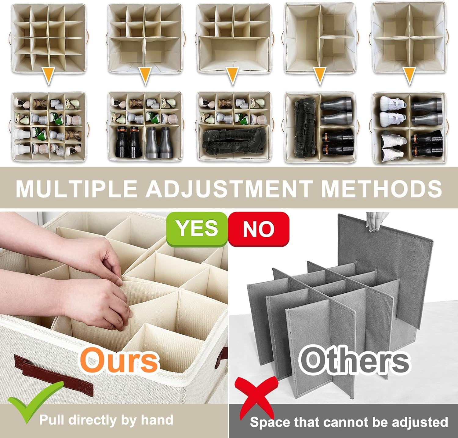 VERONLY Shoe Organiser for Closet Fits 16 Pairs, Adjustable Dividers Shoe Storage Bins Boxes, Foldable Shoe Holder Cube Containers with Clear Cover for Large Shoes, High Heels, Sneaker, Boots (Beige) image number 3