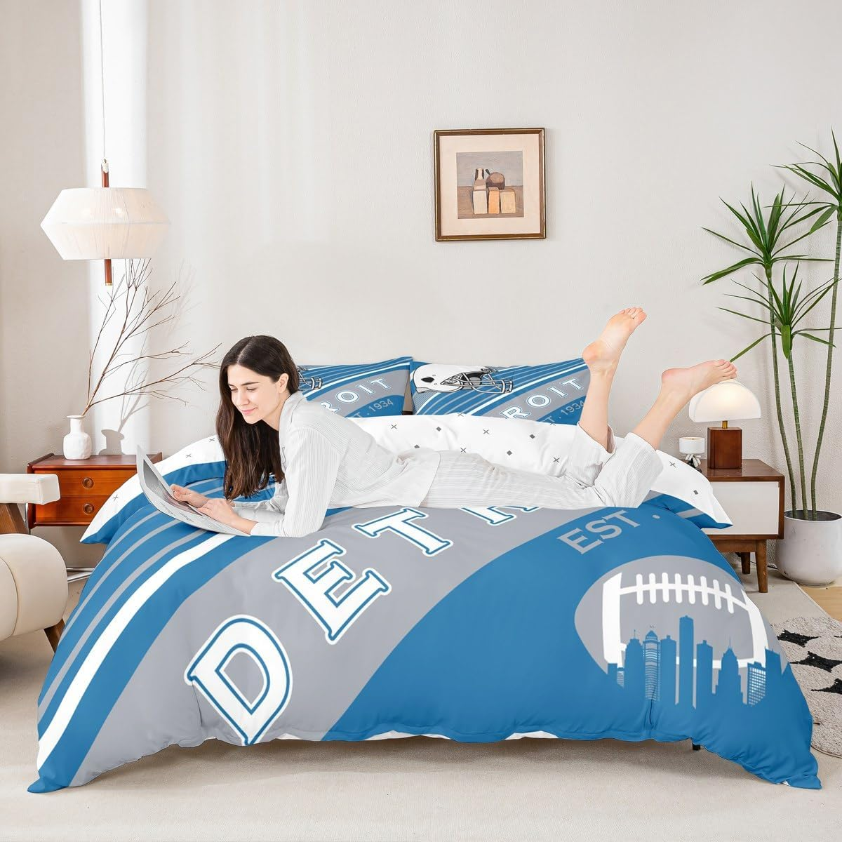Erosebridal Sports Football Duvet Cover White and Sky Blue Rugby Helmet Bedding Set Twin, American Football City Themed Comforter Cover Retro 3D Ball Game Quilt Cover with 1 Pillowcase(Detroit) image number 5