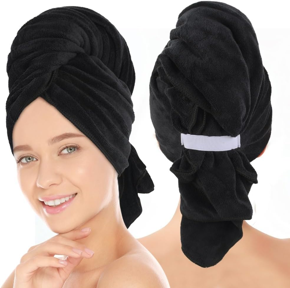 Sunland Microfiber Hair Towels anti Frizz Hair Drying Towel Super Absorbent Fast Drying Turbans for Wet Curly Hair Soft Hair Towel Wrap with Elastic Band for All Hair Types 40 X 20 Inches 2Pack Black