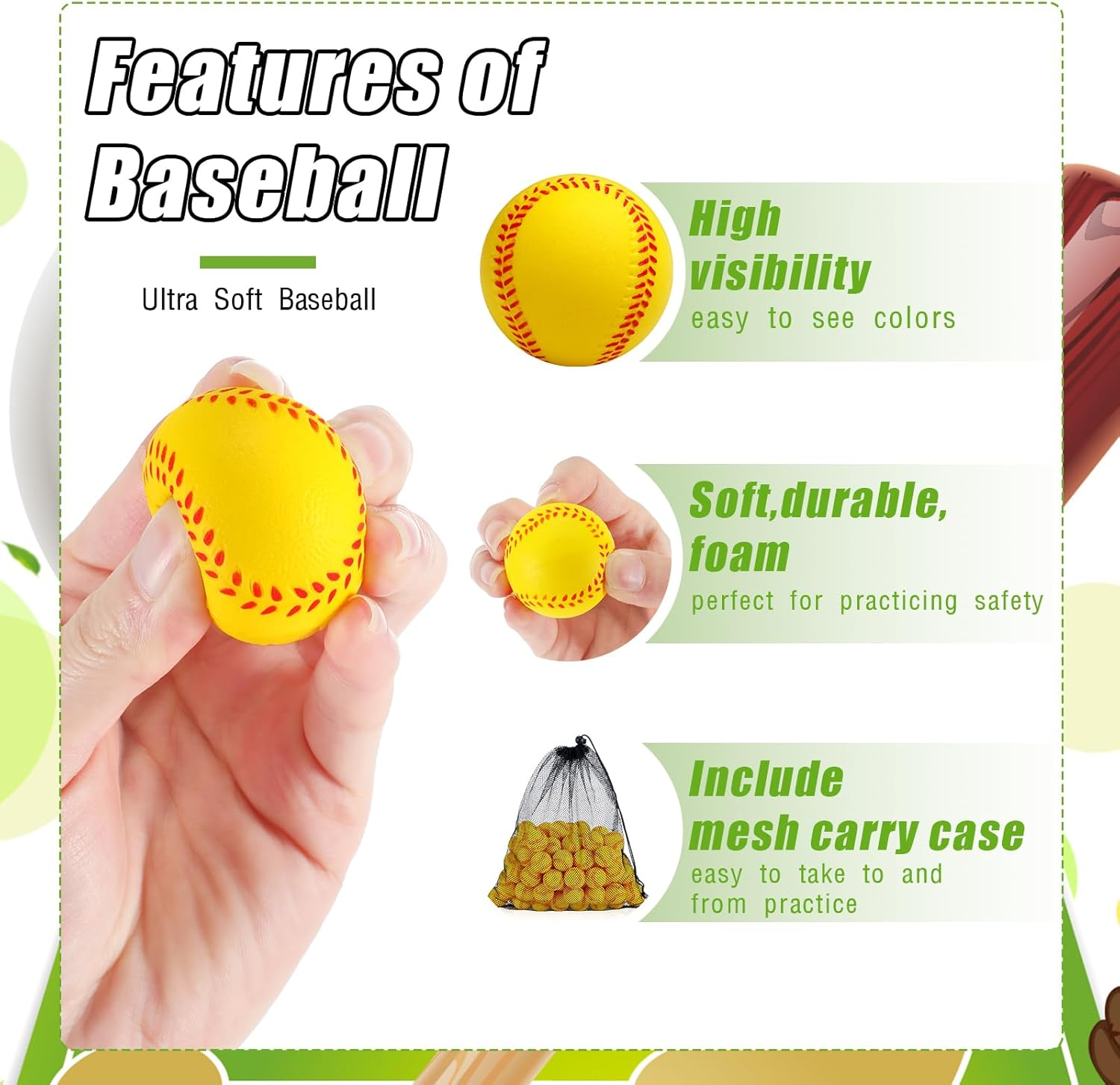 Wettarn 100 Pcs Mini Training Foam Baseballs Soft Baseballs with Storage Bag Practice Baseballs for Hitting Pitching Machines Batting Accuracy Indoor Outdoor Sports Kids Teenager Players Play - Yellow image number 2