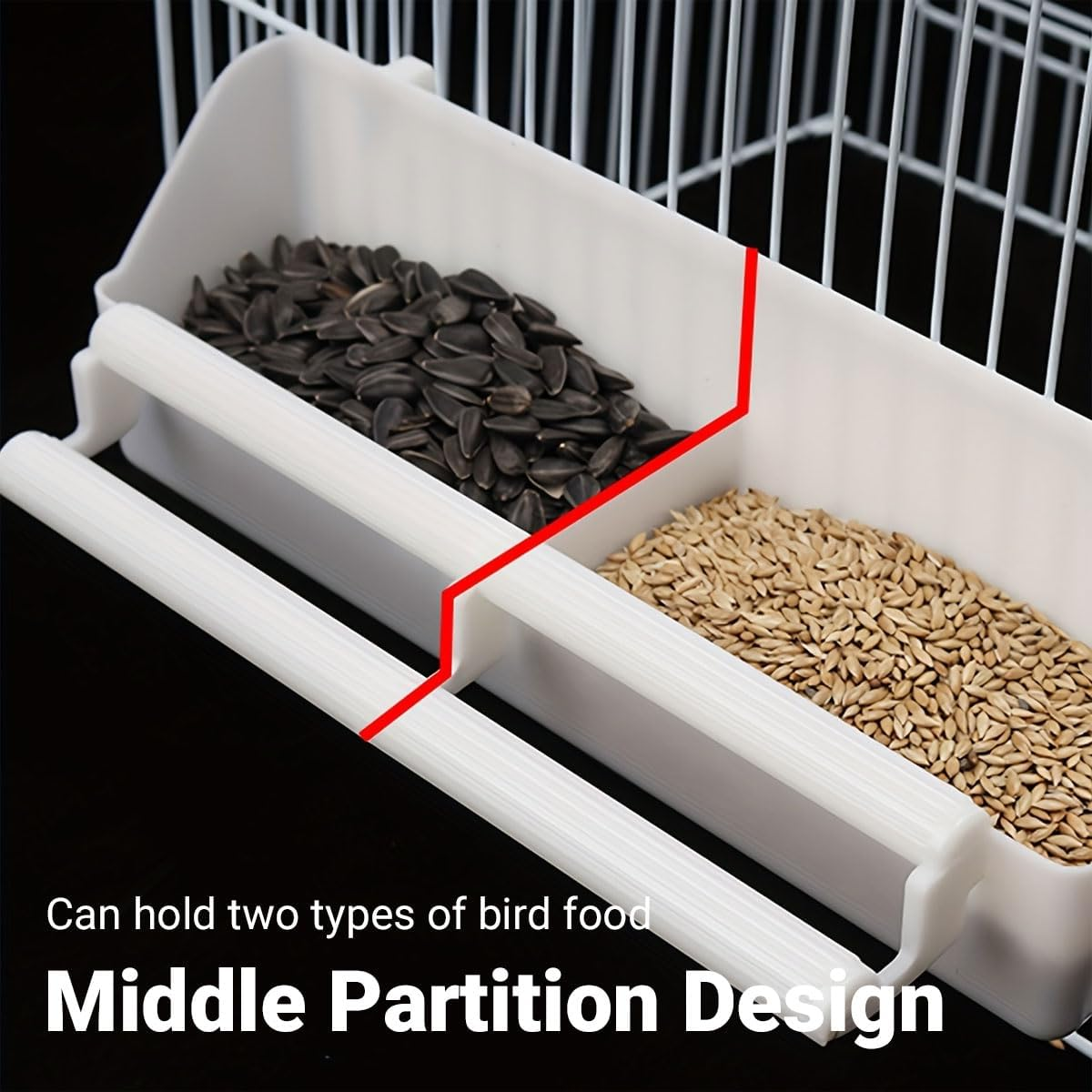 AIMALL Dual-Compartment Bird Feeder with Perch for Budgie Pigeon Peony Xuan Feng Cockatiel Parakeet 8.27X2.56X1.97In Plastic Cage Hanging Food and Water Trough Box image number 1