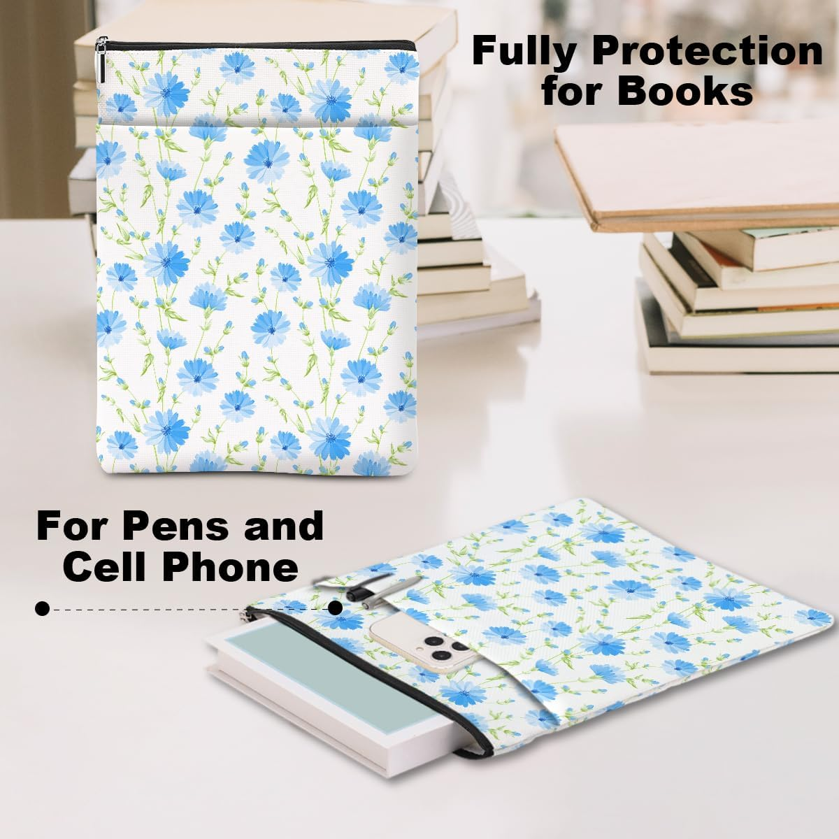 Blue Flowers Pattern Book Lovers Gifts Waterproof Book Sleeve Book Pouch Book Protector with Zipper and Front Pocket Bookcover Case for Women Best Friend Sister Book Accessories Book Club Gifts - Multicolor101 image number 5