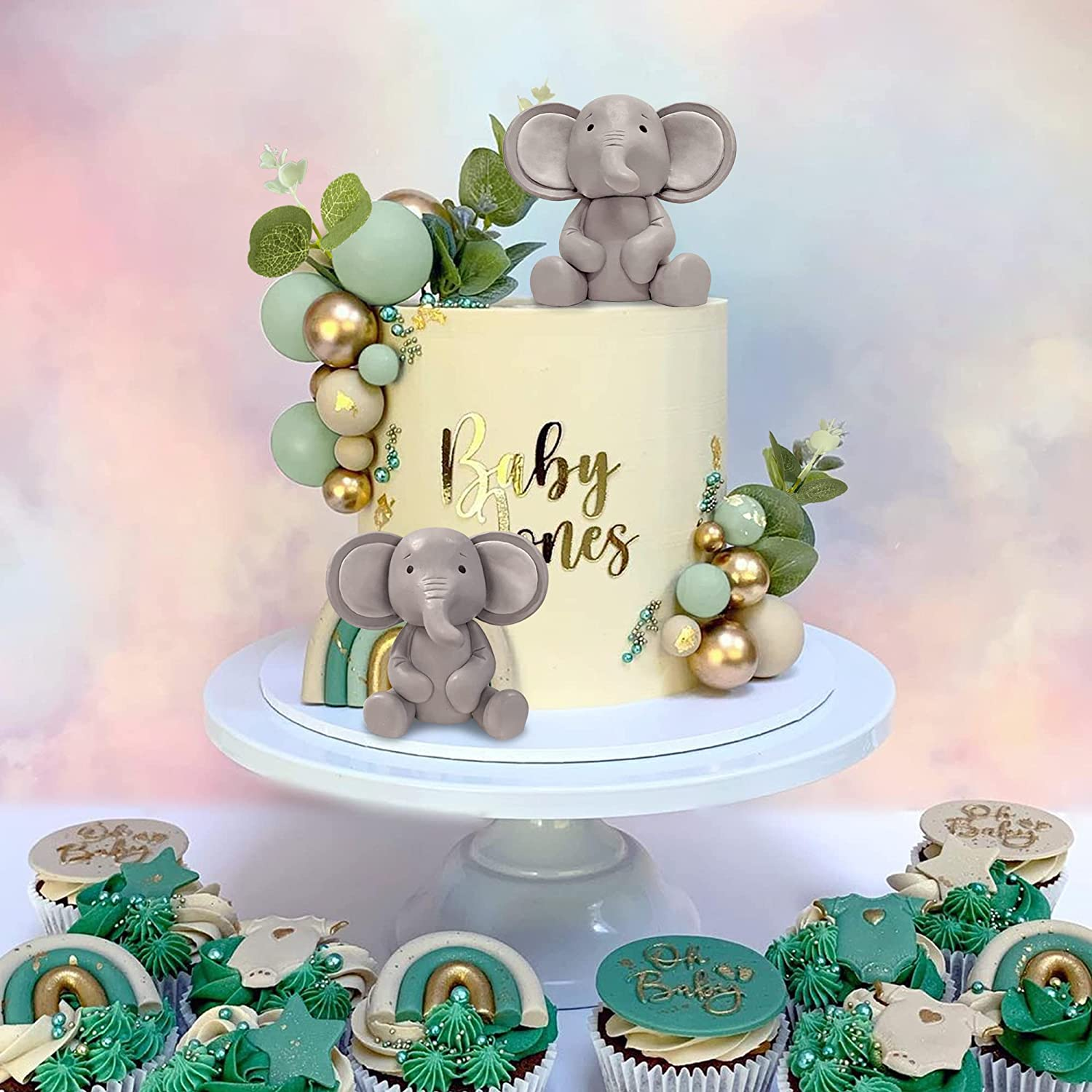 26 PCS Elephant Cake Decoration Cute Baby Elephant Cake Decorations Pearl Balls Cake Picks Eucalyptus Leaves Decoration Elephant Baby Shower Cake Decoration image number 6