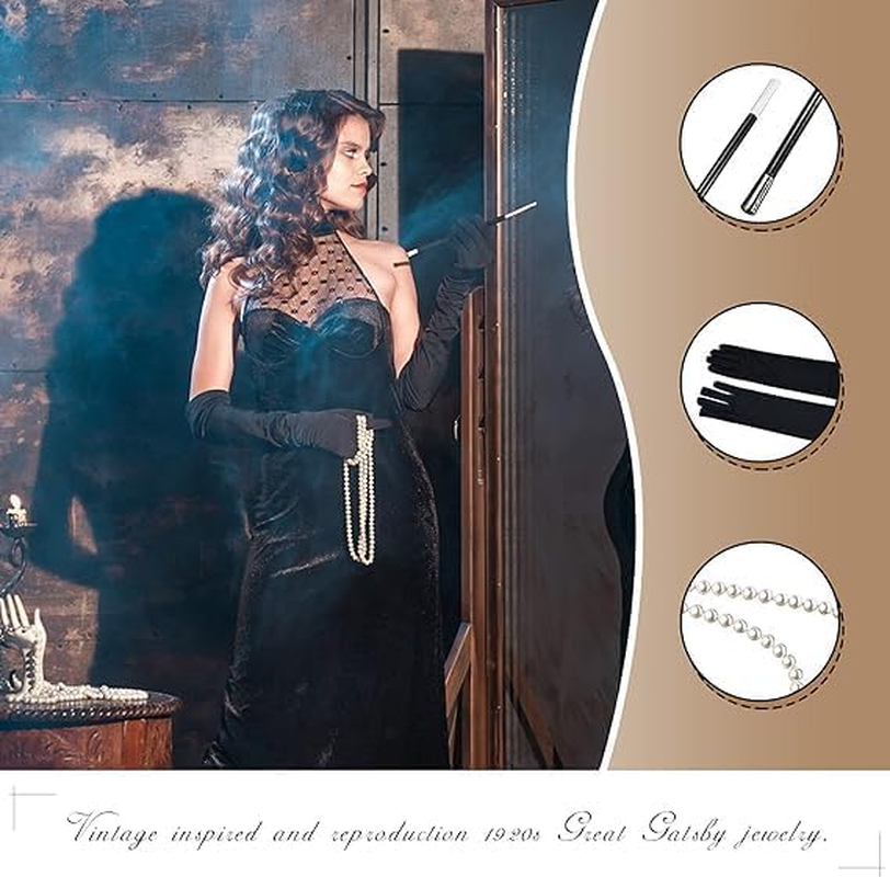 Wzenclave 1920S Gatsby Accessories Set for Women Flapper Costume 5PCS Roaring 20S Flapper Headband Pearl Necklace Gloves Plastic Holder Costume Harlem Nights Accessories Set for Women image number 2