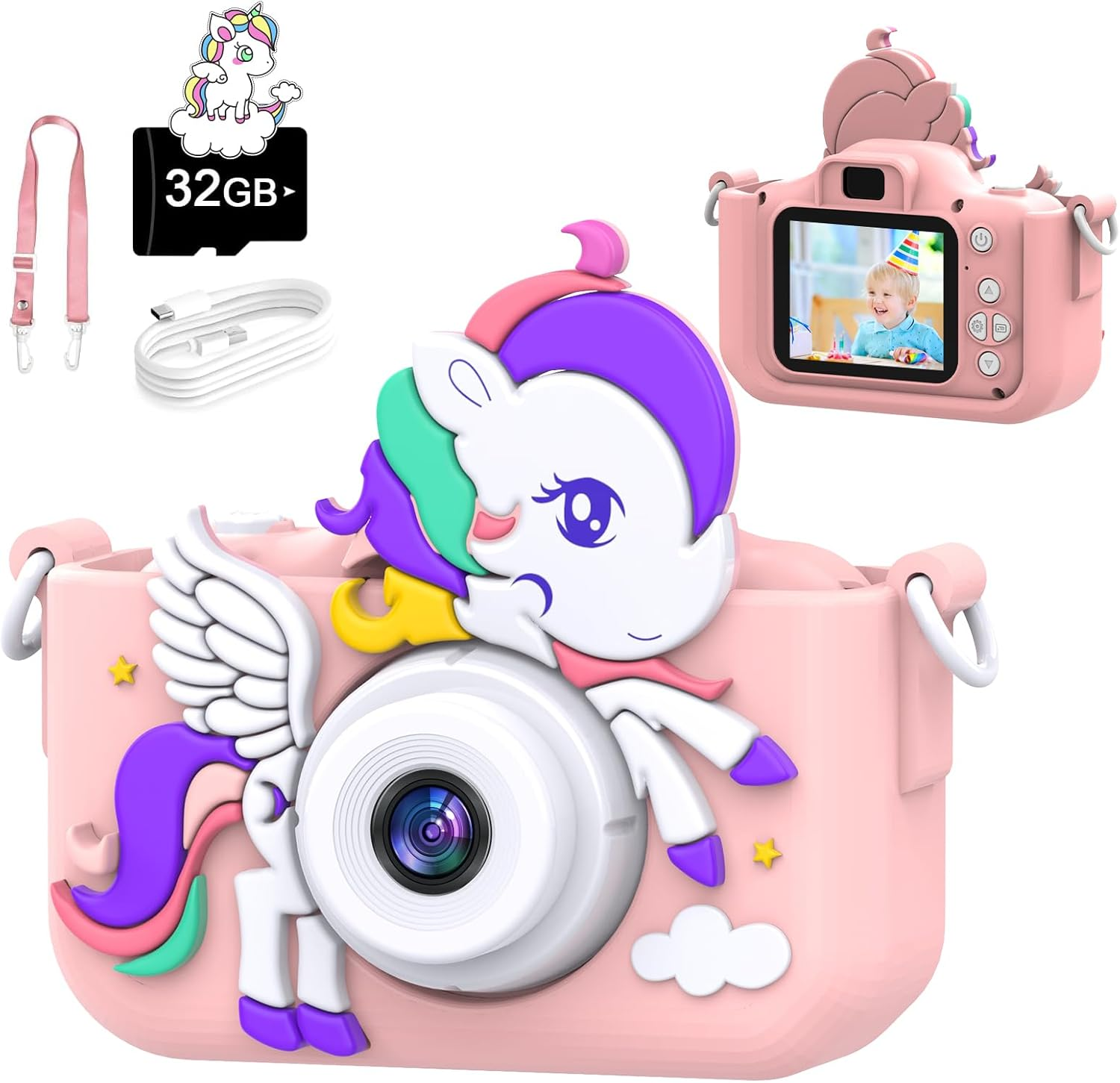 Musclez Kids Camera, Toys for 3-12 Years Old Girls Boys Children, Portable Digital Video Camera with Silicone Cover 32GB TF Card, Birthday Gifts Christmas New Year Gifts Selfie Camera for Kids image number 2