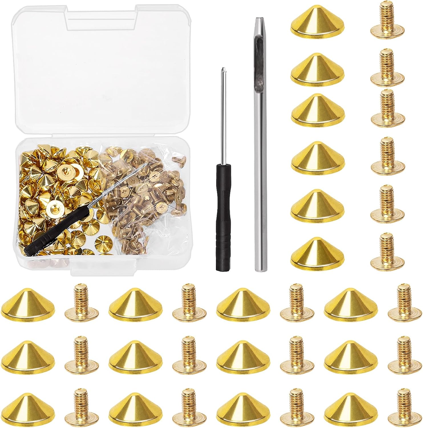 Mardatt 100 Sets 10Mm Gold Cone Spikes and Studs with Hole Puncher and Screwdriver, 4.7Mm Height Bullet Spike Cone Studs Screw Back Punk Studs and Spikes for DIY Leather Craft