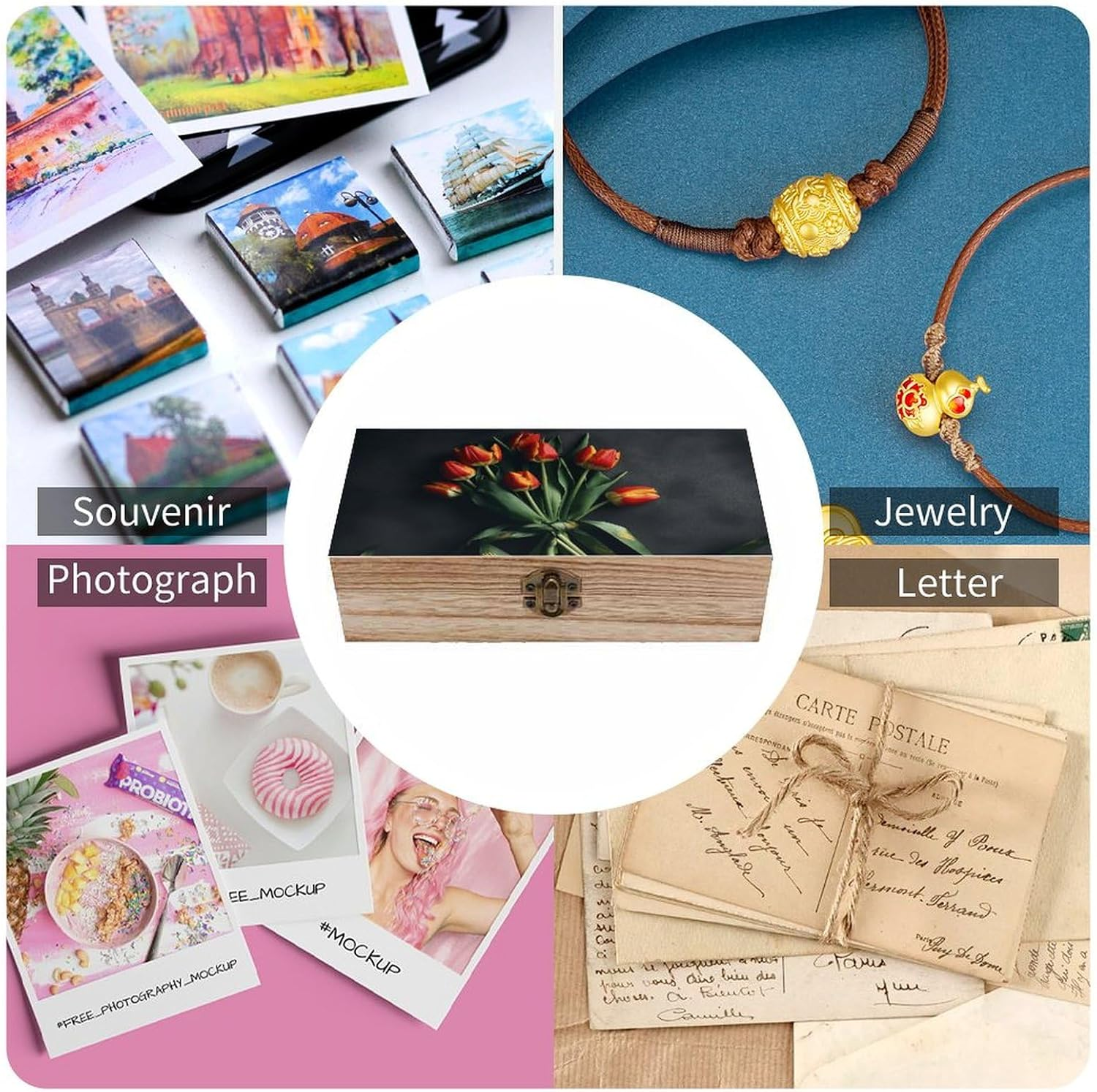 Tulips with Bows Wooden Box Wood Wedding Keepsake Boxes with Lids Small Decorative Boxes Lightweight Wooden Memory Storage Box for Crafts Keepsakes Jewelry Photo Letter Storage image number 5