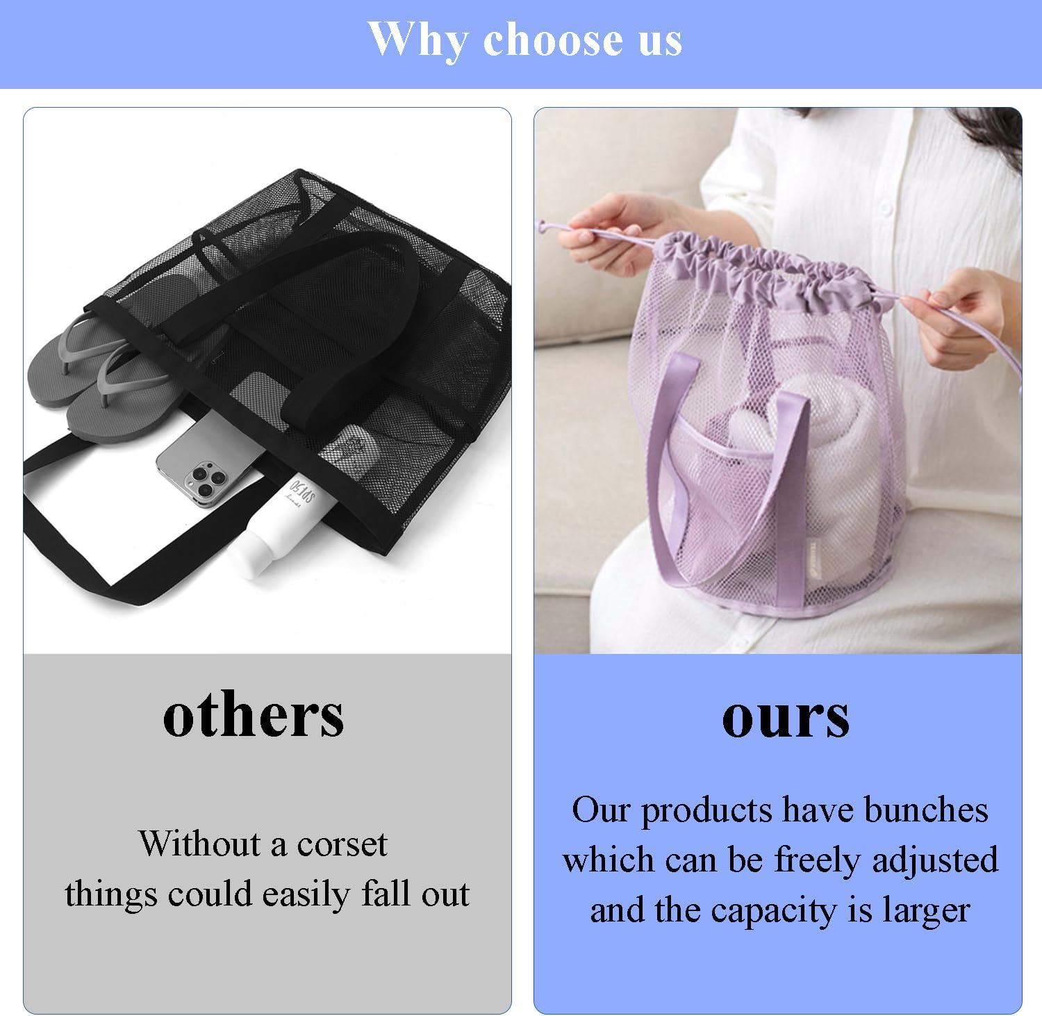 Portable Mesh Shower Caddy with Drawstring Pockets - Hanging Toiletry Bag for College Dorms, Travel, Gym & Camping, Quick-Dry Bathroom Organizer for Beach, Swimming, Essential Shower Tote (Purple) image number 4