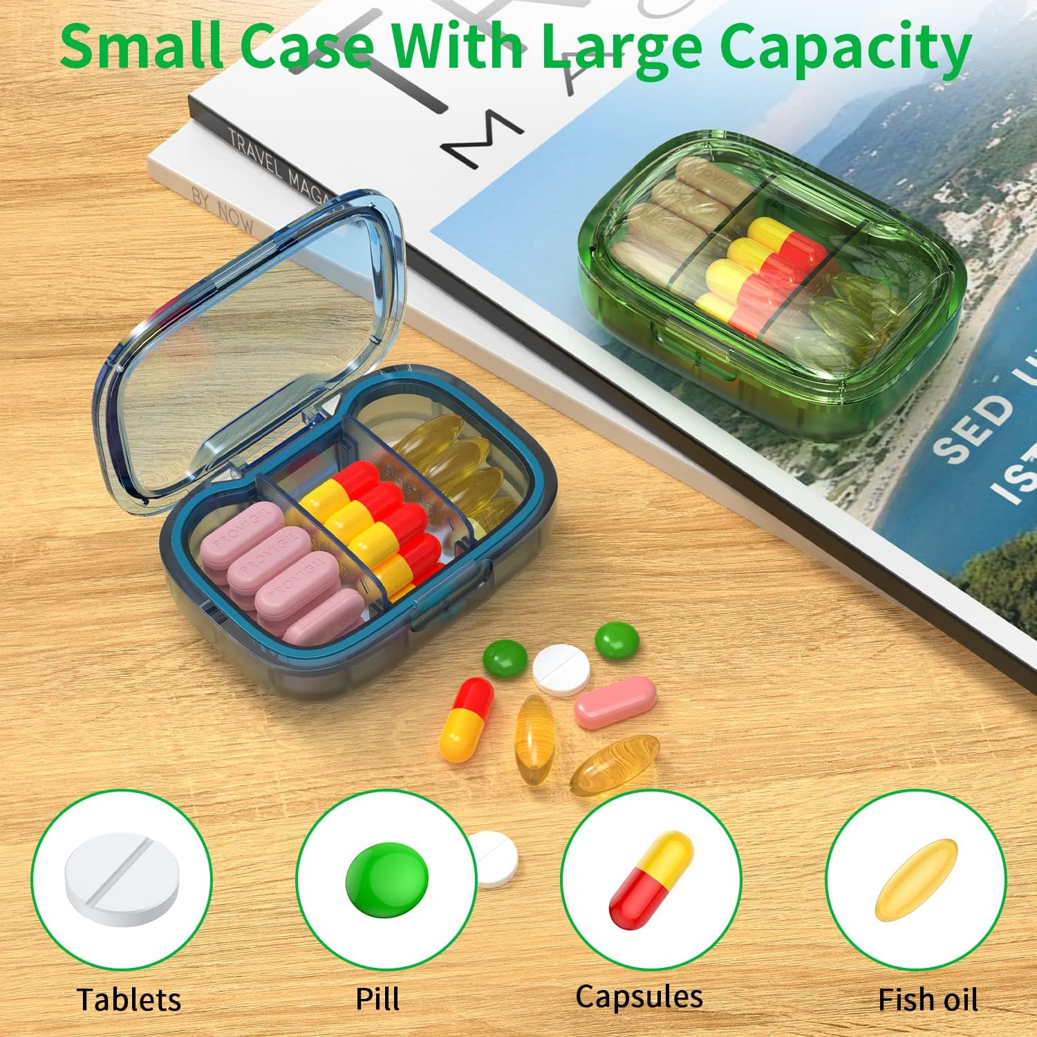 2 Pack 3 Compartment Small Pill Box, Moisture Proof Pill Case, Travel Pill Organizer for Pocket Purse, Daily Portable Medicine Vitamin Box, Fish Oil Box, Supplement Box - Green+Blue image number 6