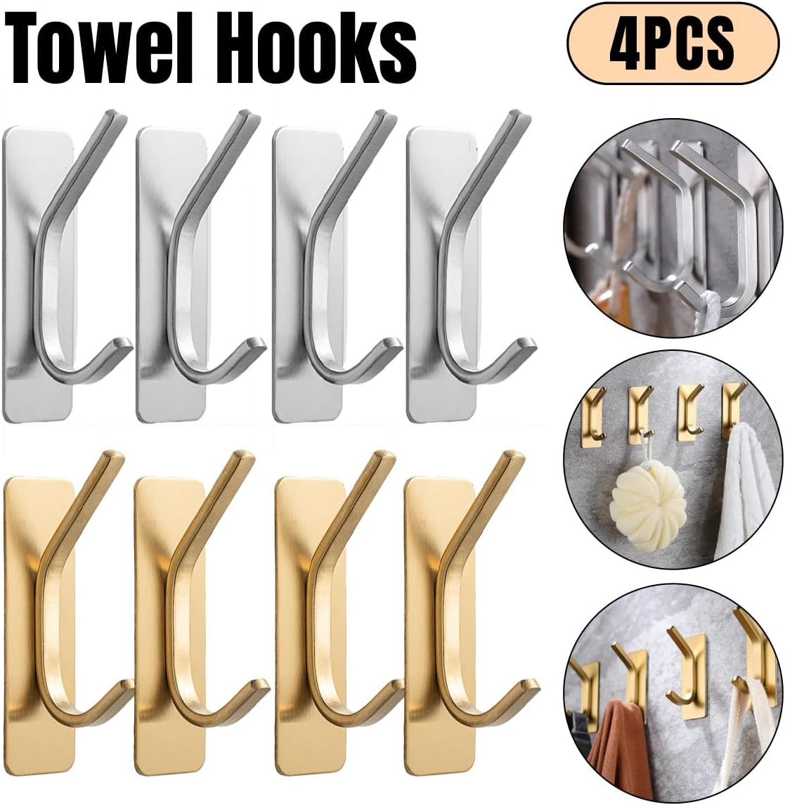 AIMALL 4PCS 304 Stainless Steel Adhesive Hook - Non-Perforated Seamless Single Hook for Bathroom, Kitchen, Door - Heavy Duty Metal Coat Hook image number 1
