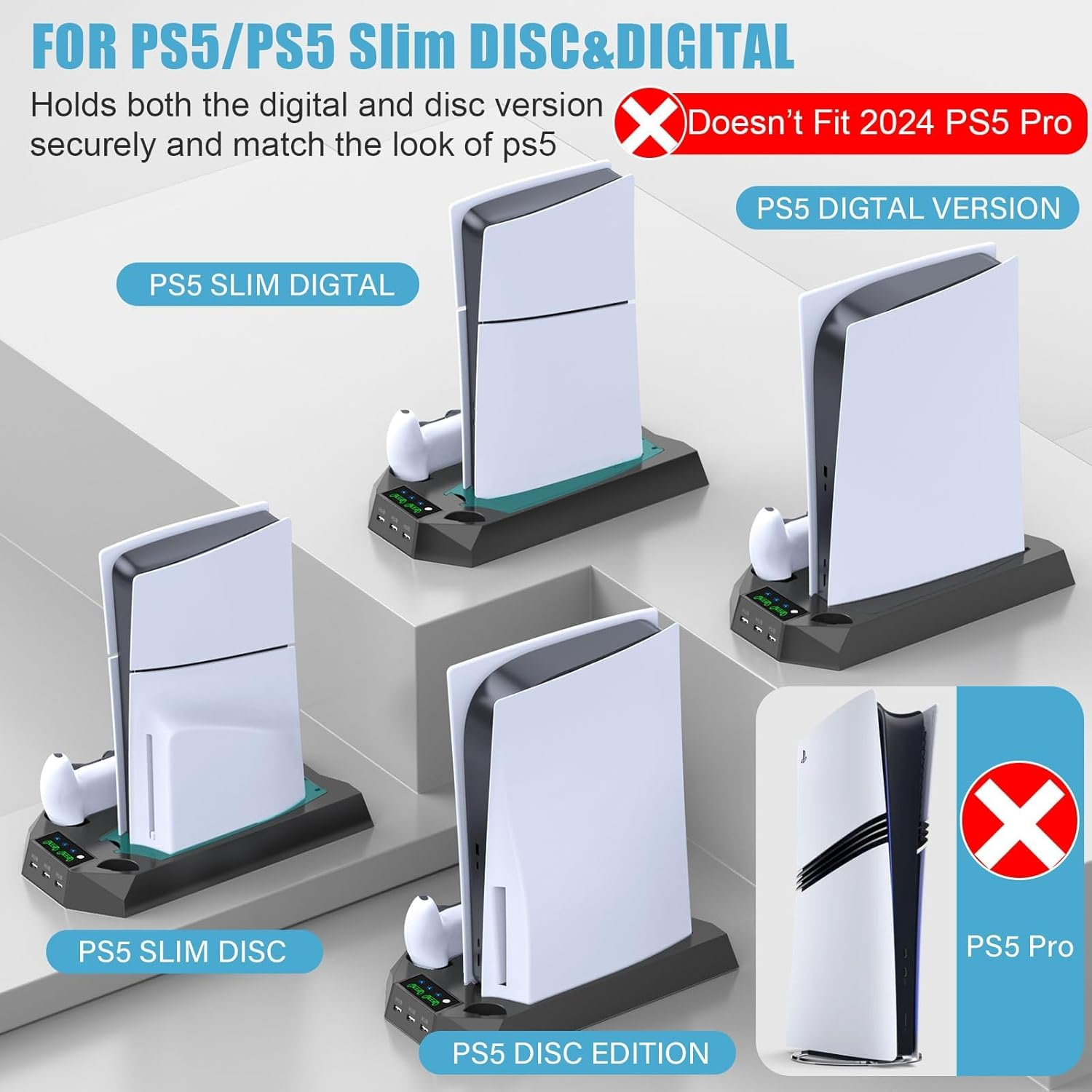 PS5 / PS5 Slim Stand and Cooling Station with Dual Controller Charging Station for Playstation 5 Console, PS5 Accessories Incl. Controller Charger, Cooling Fan, Headset Holder, 3 USB Hub, Screw-Black image number 5