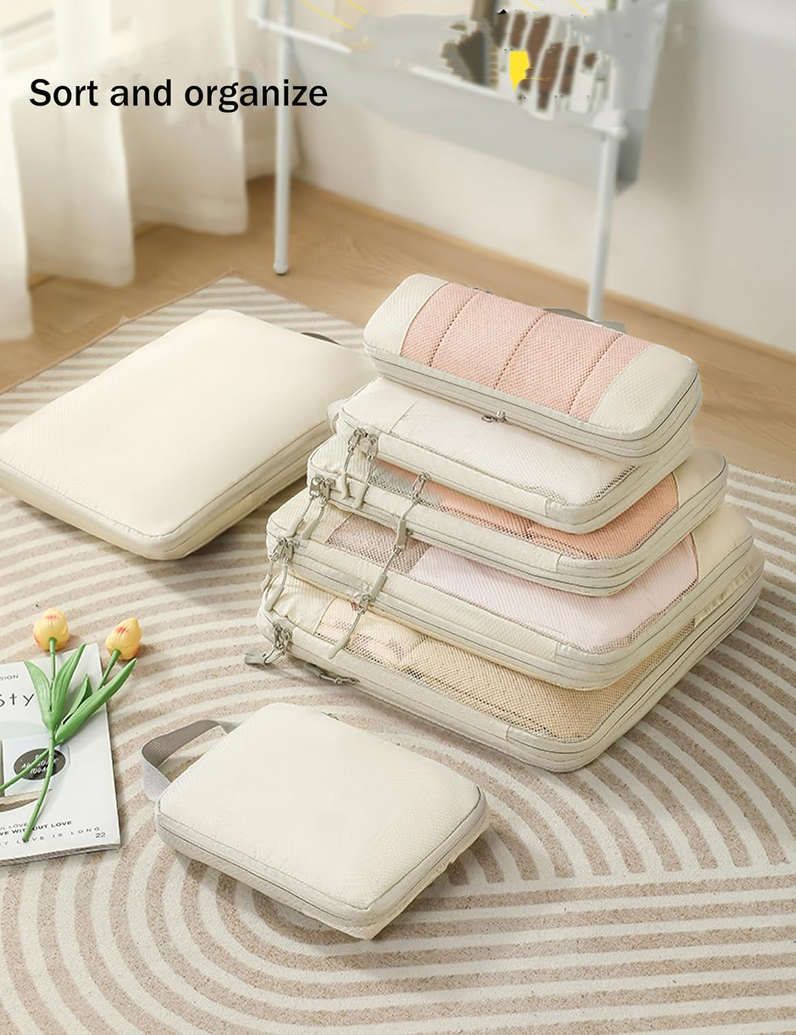 JOZUTTOW Nylon Compression Packing Cubes, Set of 8 Travel Organizer Bags with Recompression Design, Water-Repellent Fabric, Mesh Design, Zipper Closure, Beige image number 5