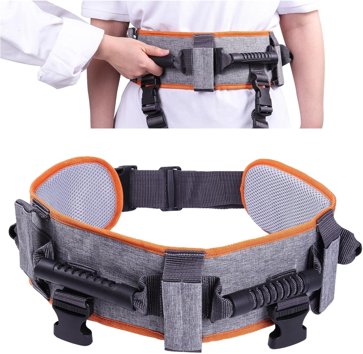 ENLUNTRA Gait Belts Transfer Belts for Seniors with 7 Handles and Detachable Leg Straps，Gate Belt for Elderly Lift Belts with Quick Release Buckle，Patient Transfer Belts for Lifting Seniors, Orange-Grey, 90Cm image number 3