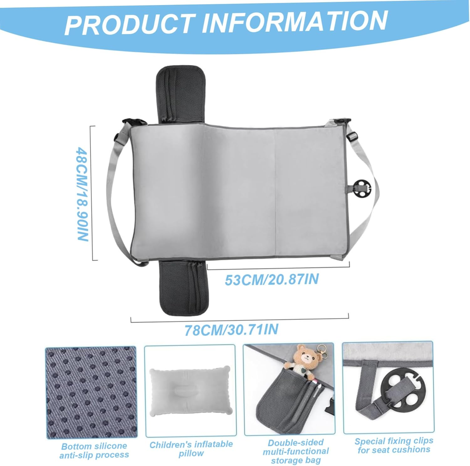 Toddler Airplane Bed, 19X31 Inch Non-Slip Comfort Inflatable Toddler Travel Bed with Pillow & Pump & Pockets, Portable Air Mattress with Storage Bag for Sleeping, Rest Travel