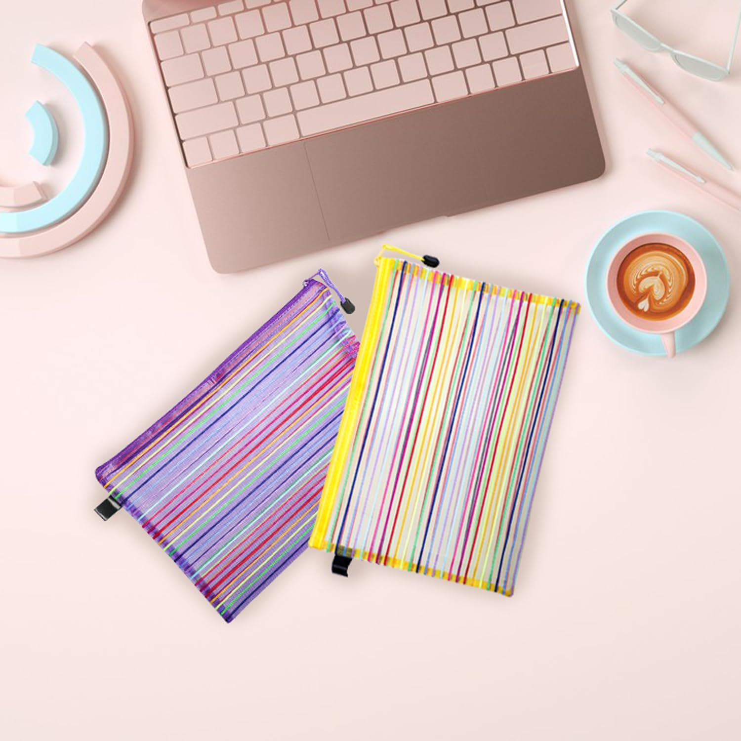 Set of 6 A4 Zipper Mesh Pouch Wallets, Snap Closure Folders for Office Supplies, Cosmetics, and Travel Accessories in 6 Vibrant Colors (Yellow, Green, Blue, Purple, Black, Red) image number 2