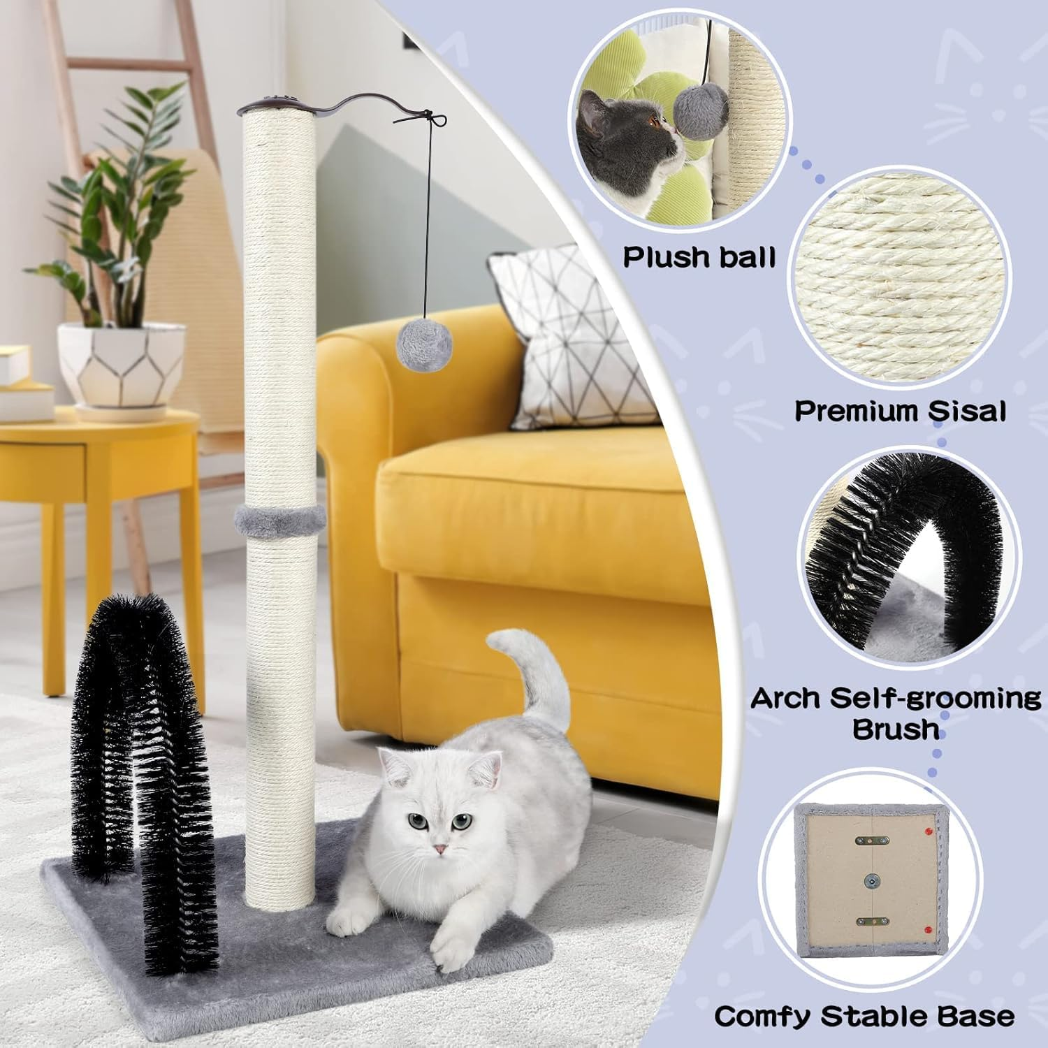 Tall Cat Scratching Post with Arch Self Groomer Massager, Scratching Post for Indoor Cats from Kitten to Adults, Stable Sisal Cat Post with Extra Interactive Dangling Plush Toy image number 4