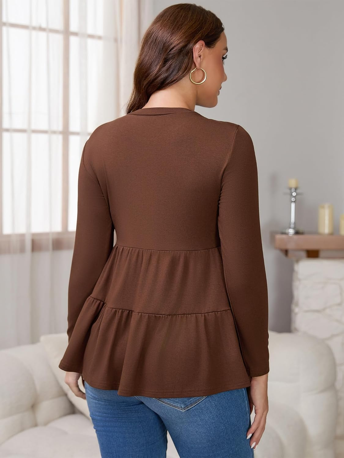 Cheibear Womens Nursing Top Ruffle Pleated Long Sleeve Tunic Rayon Postpartum Breastfeeding Shirt Pregnancy Clothes Brown Large image number 3