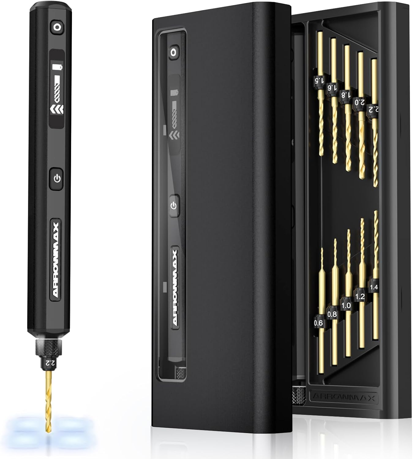 AM ARROWMAX Mini Electric Drill Pen, 5-Speed, 10 Small Drill Bits with Aluminium Box, LED Lights, OLED Display, Resin Mini Drill Set for Jewelry Making, Plastic, Wood (SDS), Black image number 2