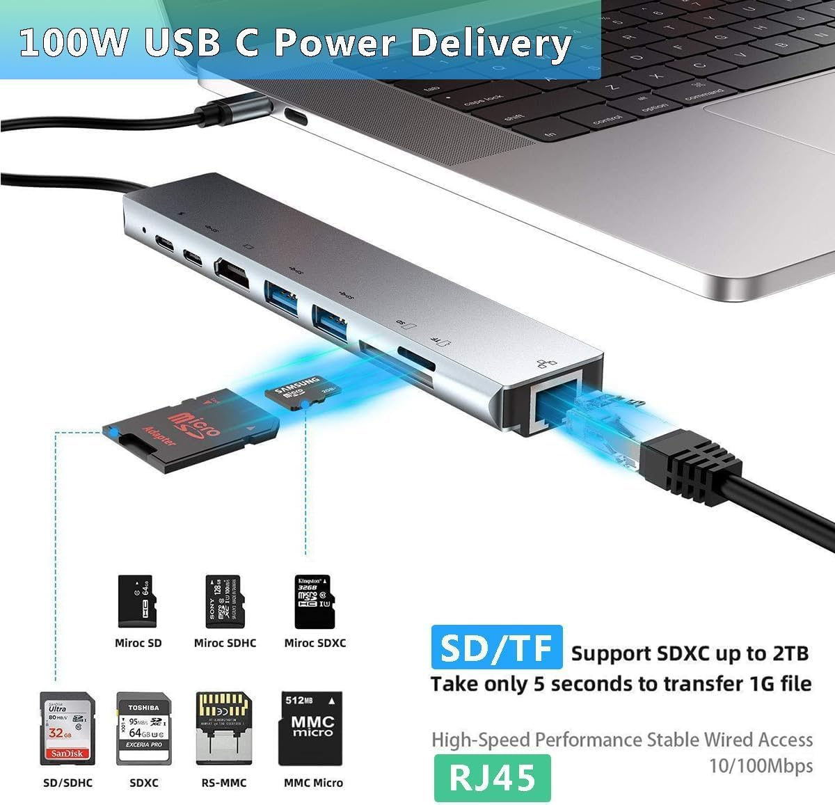 USB C Hub Multiport Adapter with Ethernet, Laptop Docking Station 8 in 1 Hub with 4K HDMI RJ45 PD 100W SD/TF Card Slot USB3.0 and OTG Port Suitable for Macbook, HP, XPS, Chromebook, Surface, PC, Etc image number 1