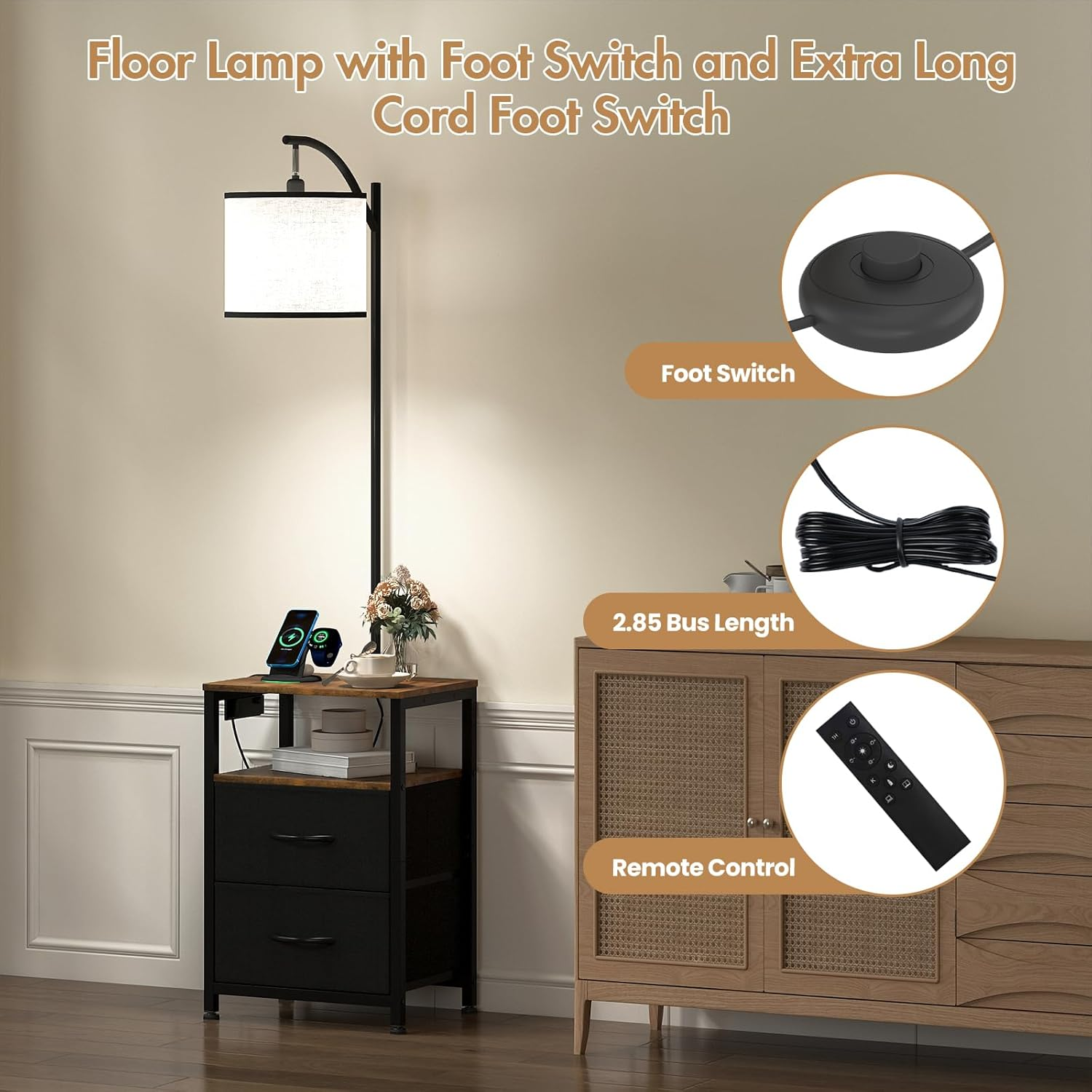 Advwin Floor Lamp with Table & 2 Drawers, End Table with 3 Color Temperature Reading Light, Side Table Lamp with USB & AC Charging Port for Living Room, Bedroom image number 2