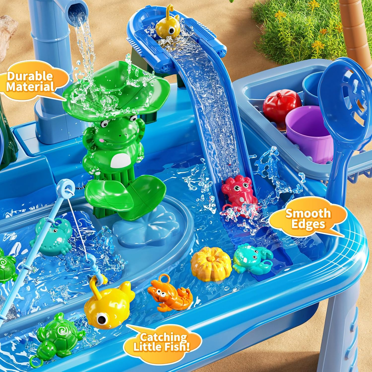 JUKUDAHU 4-In-1 Kids Kitchen Sink Toy for Toddlers 2 3 4 5 6 Years Old - Play Sink with Running Water, Water Table with Detachable Legs, Fishing Game, Pretend Play Dishwasher Gifts for Boy Girl(Blue)