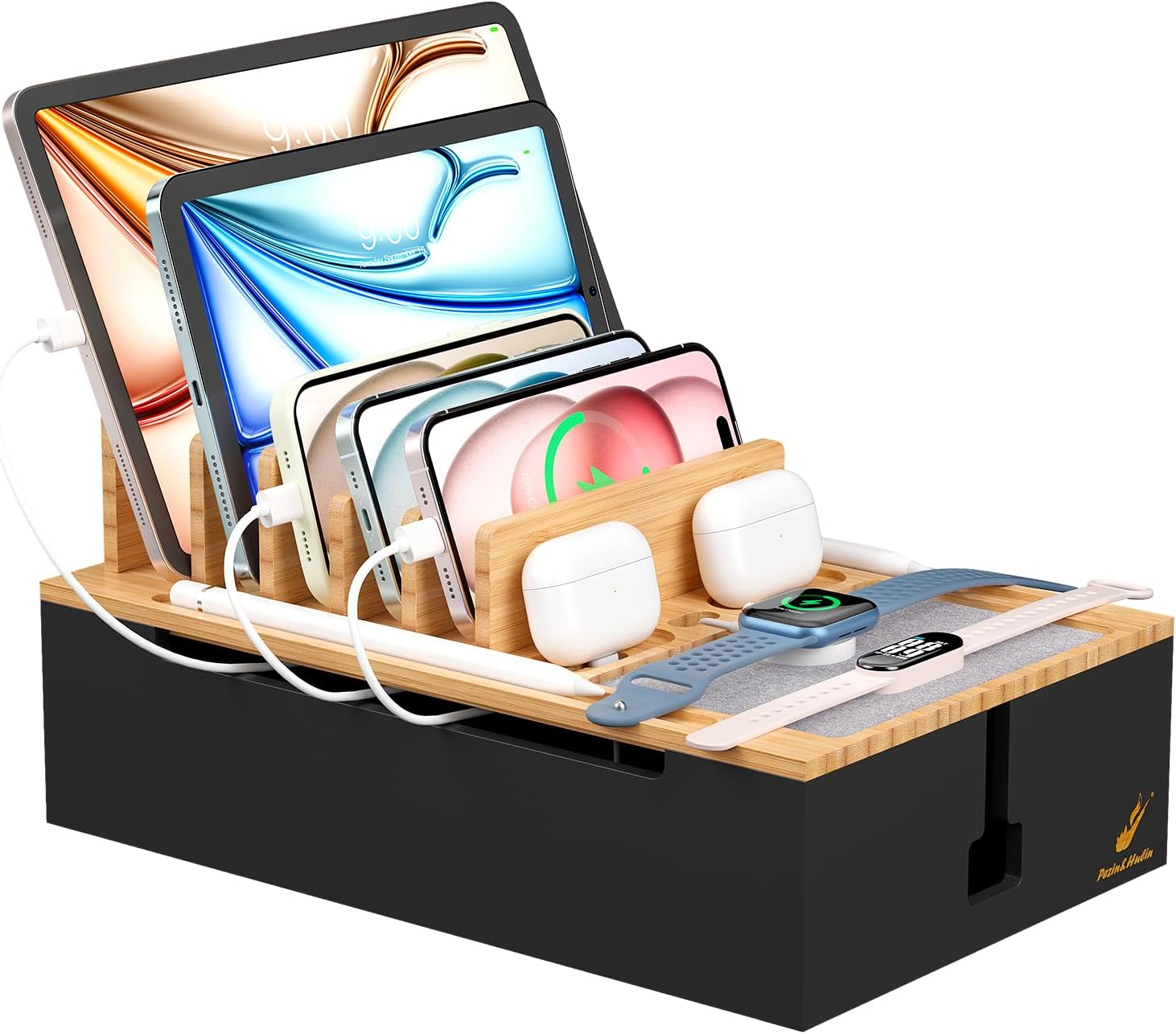 Pezin & Hulin Bamboo Charging Station for Multiple Devices, USB Charger Dock Organizer, with Power Supply (10 Ports HUB), 6 Cables, Cable Management Organizer for Cell Phones, Tablets -Natural+White