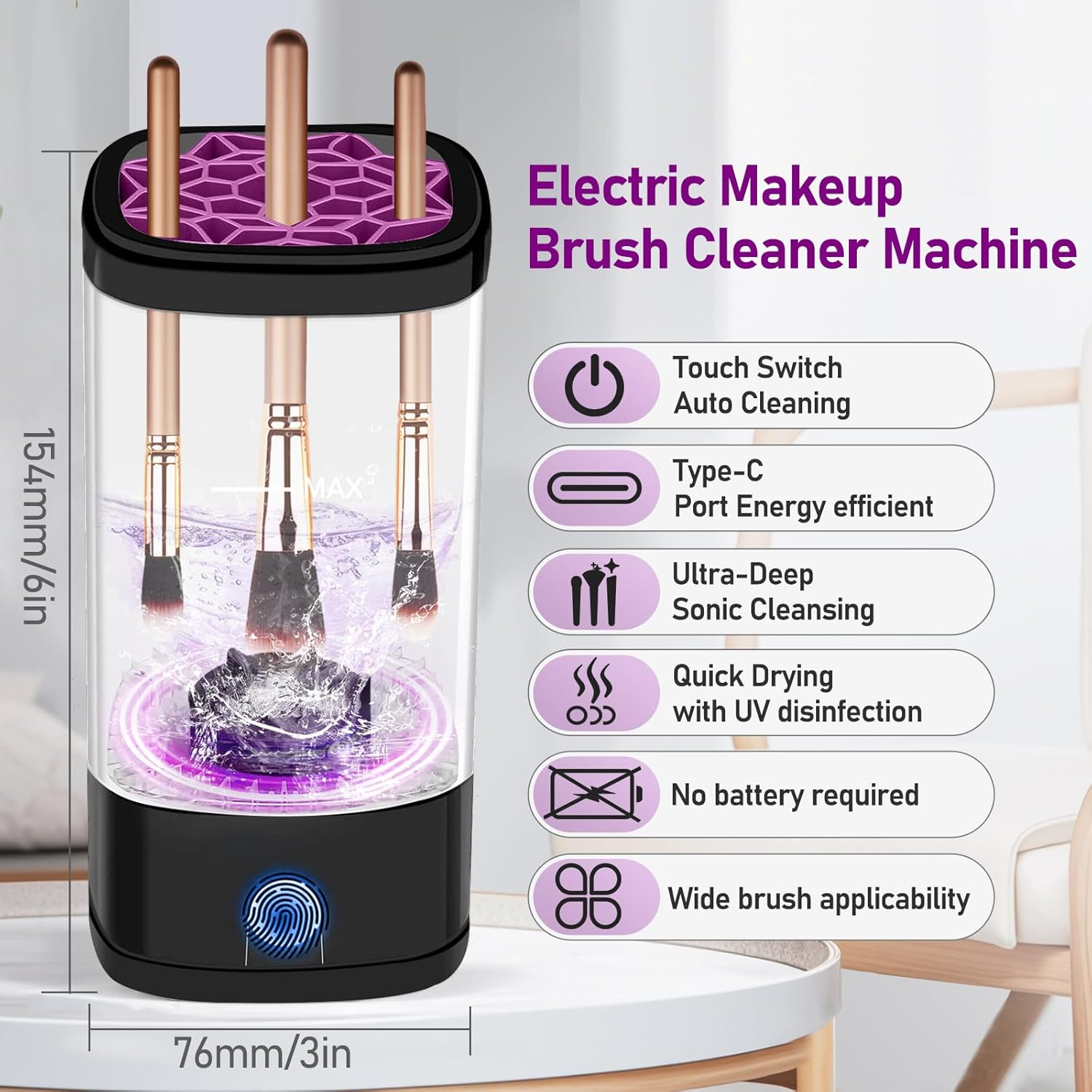 Electric Makeup Brush Cleaner,Quick Efficient Makeup Cleaner for Cleaning and Drying All Brush Types, Portable Automatic Makeup Brush Cleaning Solution for Beauty Lovers-Black - White image number 3