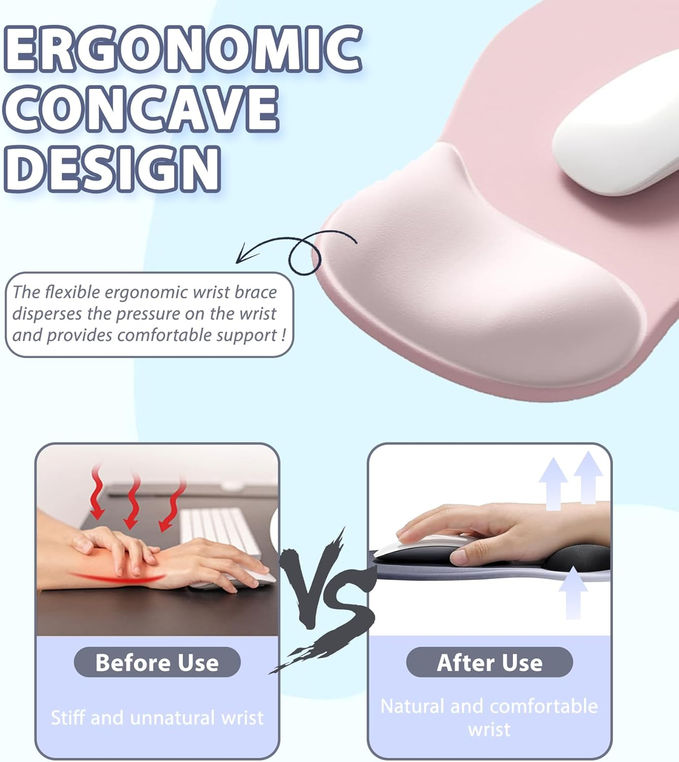 Mouse Pad with Wrist Support, Ergonomic Mousepad with Memory Foam Rest, Non-Slip Base Laptop Accessories for Gaming and Office, Smooth Surface Mouse Mat, Ultra Thin 4Mm Design (Pink) - Blue-Black image number 2