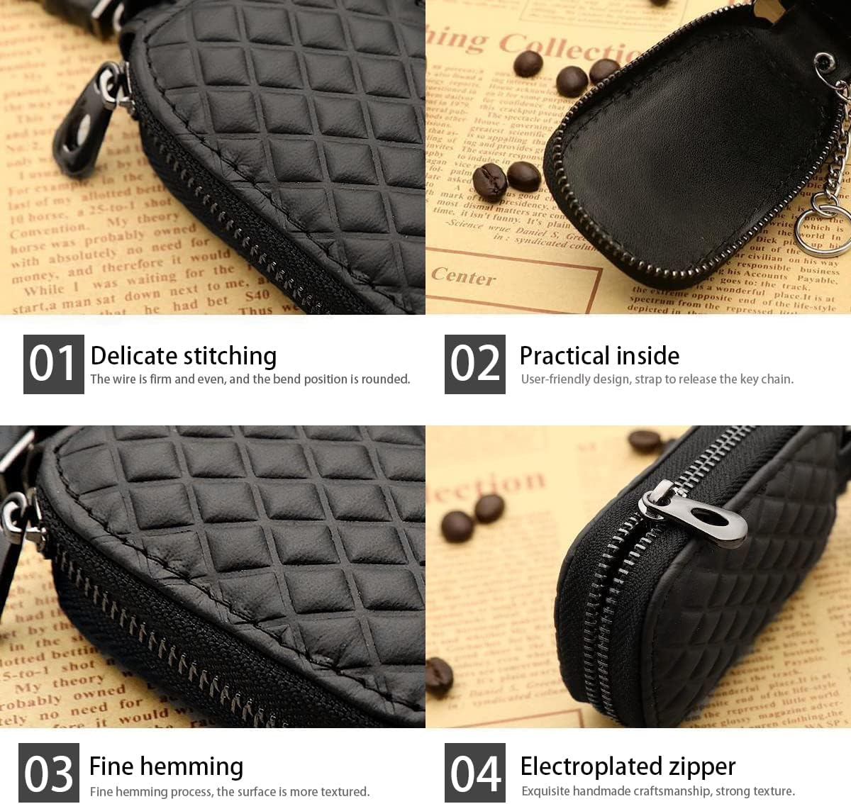 BELOMI Car Key Case, Genuine Leather Remote Key Fob Cover, Keychain Holder with Metal Hook, Universal Vehicle Keyring Zipper Bag (Coffee) image number 5