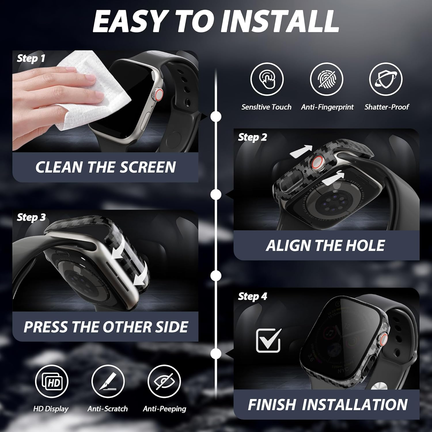 LINTEKER 2 Pack for Apple Watch 46Mm Case with Privacy Screen Protector, [Anti-Peeping] Ultra-Thin Protective Cover for Apple Watch Series 11 (2025) / Series 10 46Mm, Carbon Fiber image number 5