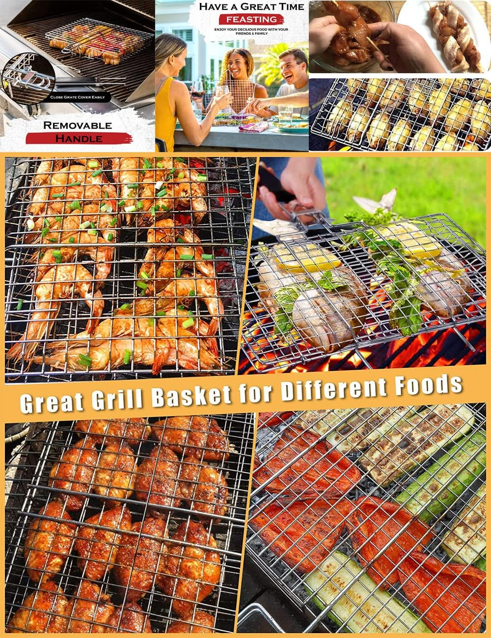 Barbecue Grill Basket with Handle, Stainless Steel Vegetable Grill Basket Value Set, Portable Fish Barbecue BBQ Grilling Basket, Foldable Non Stick Wire Mesh Net Clip for Steak Outdoor Camping (32CM) image number 5