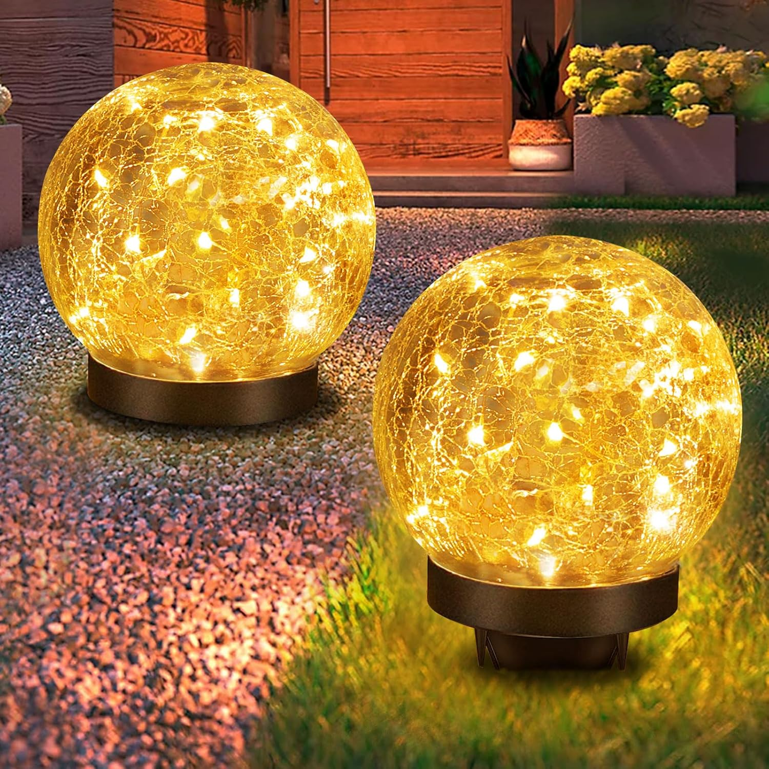 YWYWLED Solar Garden Lights - Two Lighting Modes 4.7&rsquo;&rsquo; Cracked Glass Solar Lights, 30 Leds Solar Lights for outside Garden Patio, Porch, Lawn, Yard Decorative (Warm White, 2 Globes)