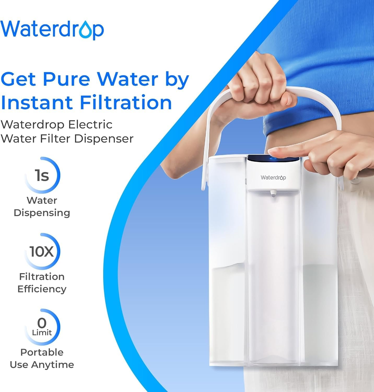 Waterdrop Water Filter Jug, Electric Rechargeable Water Purifier, 200-Gallon Countertop Water Dispenser, NSF/ANSI 401&53&42&372, Reduce PFAS, Lead, Chlorine, 3.6L, White, with 1 Filter image number 4