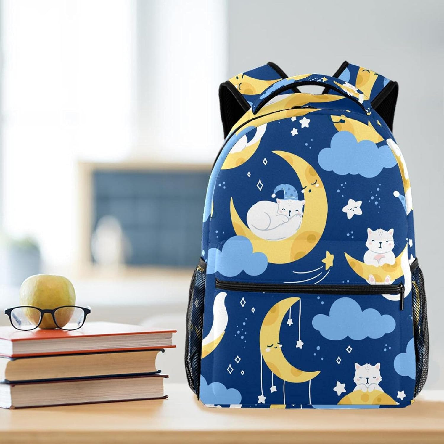 White Cat Sleeping on a Moon Starry Night Sky Backpack Students Shoulder Bags Travel Bag College School Tote Backpacks image number 4