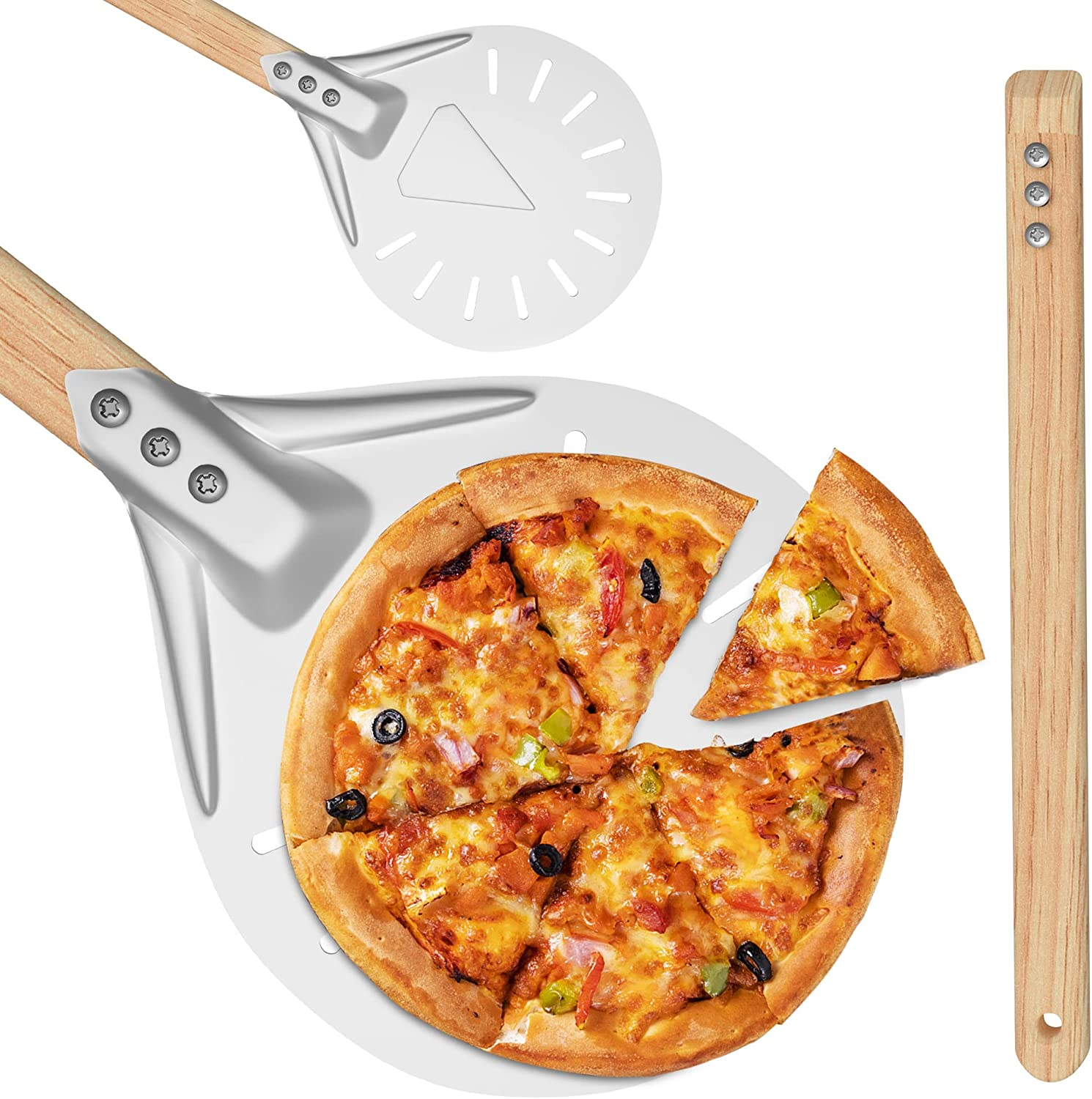 7 Inch Pizza Turning Peel,Professional Durable Pizza Peel Turner Non-Slip Aluminum Turning Paddle with 16 Inch Long Handle for Baking Homemade Pizza Bread (7 Inch, 40Cm Handle)