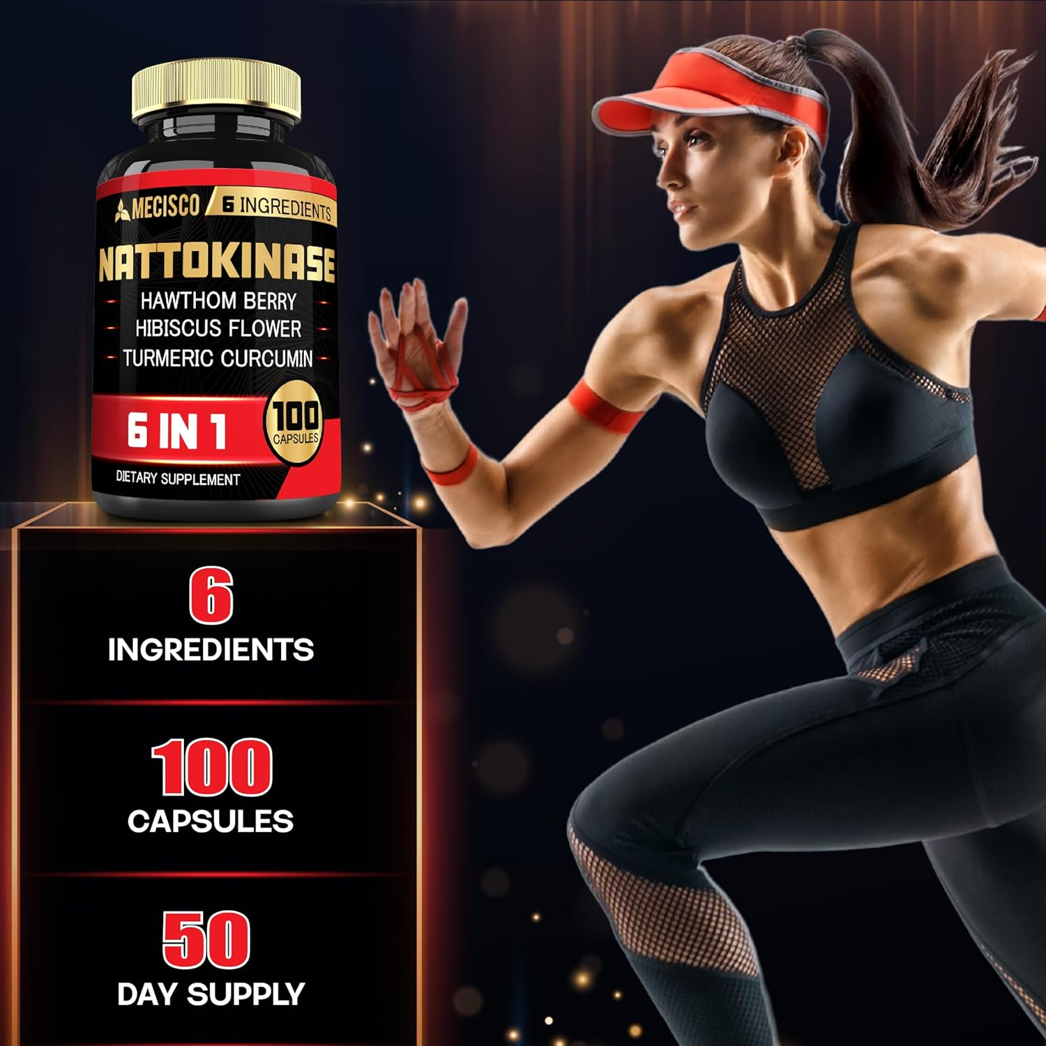 6In1 Nattokinase 2000 Fu Capsules with Hawthorn Berry, Hibiscus Flower & More - 100 Capsules - Nattokinase Supplement Supports Digestion, Heart Health & Immune System