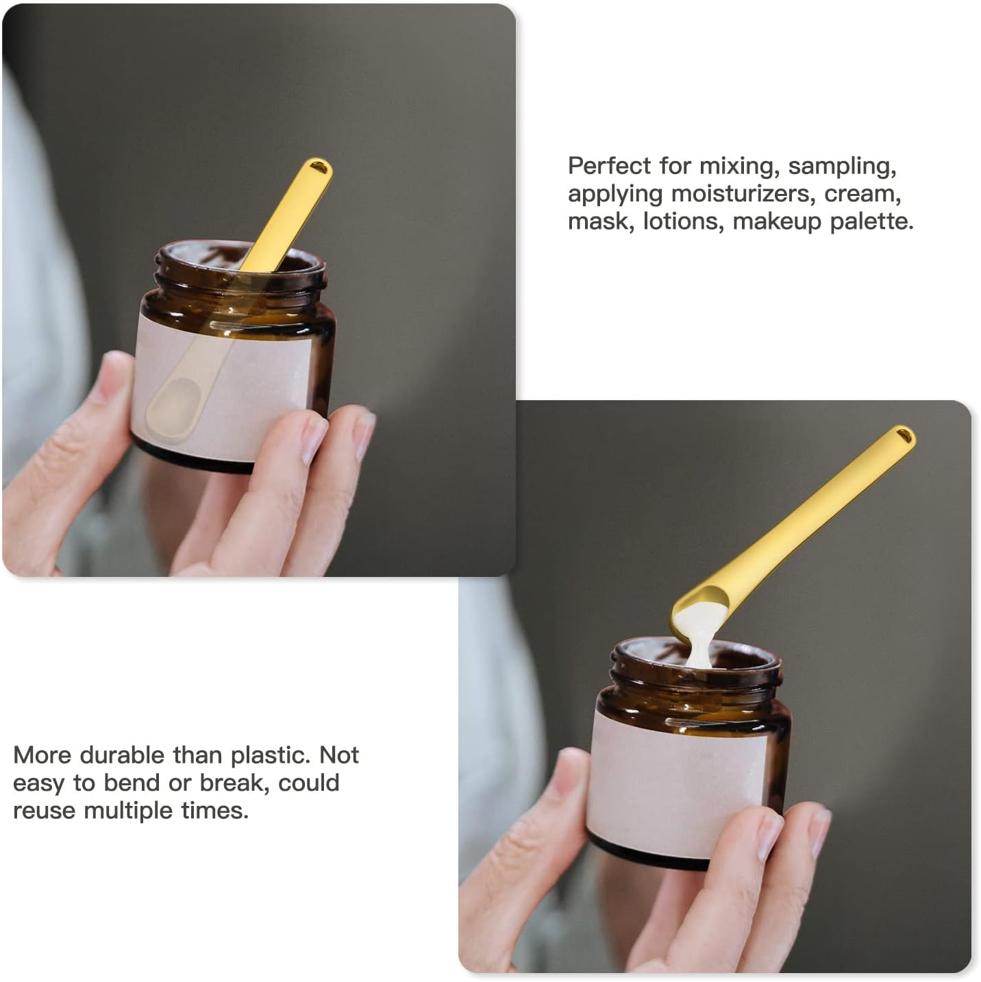 Tekson Metal Cosmetic Skincare Spatula, Mini Mask Facial Reusable Scoop, Makeup Beauty Spoons for Cream, Lotions, Moisturizers (Rose Gold, Gold, Silver) (Long Size) - Rose Gold+Gold+Silver image number 3