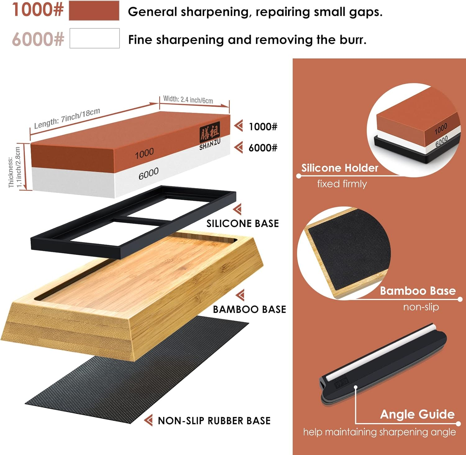 SHAN ZU Sharpening Stone for Knives, Grit 1000/6000 Whetstone with Angle Guide Non-Slip Bamboo Base Japanese Knife Sharpeners Stone Professional 2-In-1 Wetstone for Home Kitchen