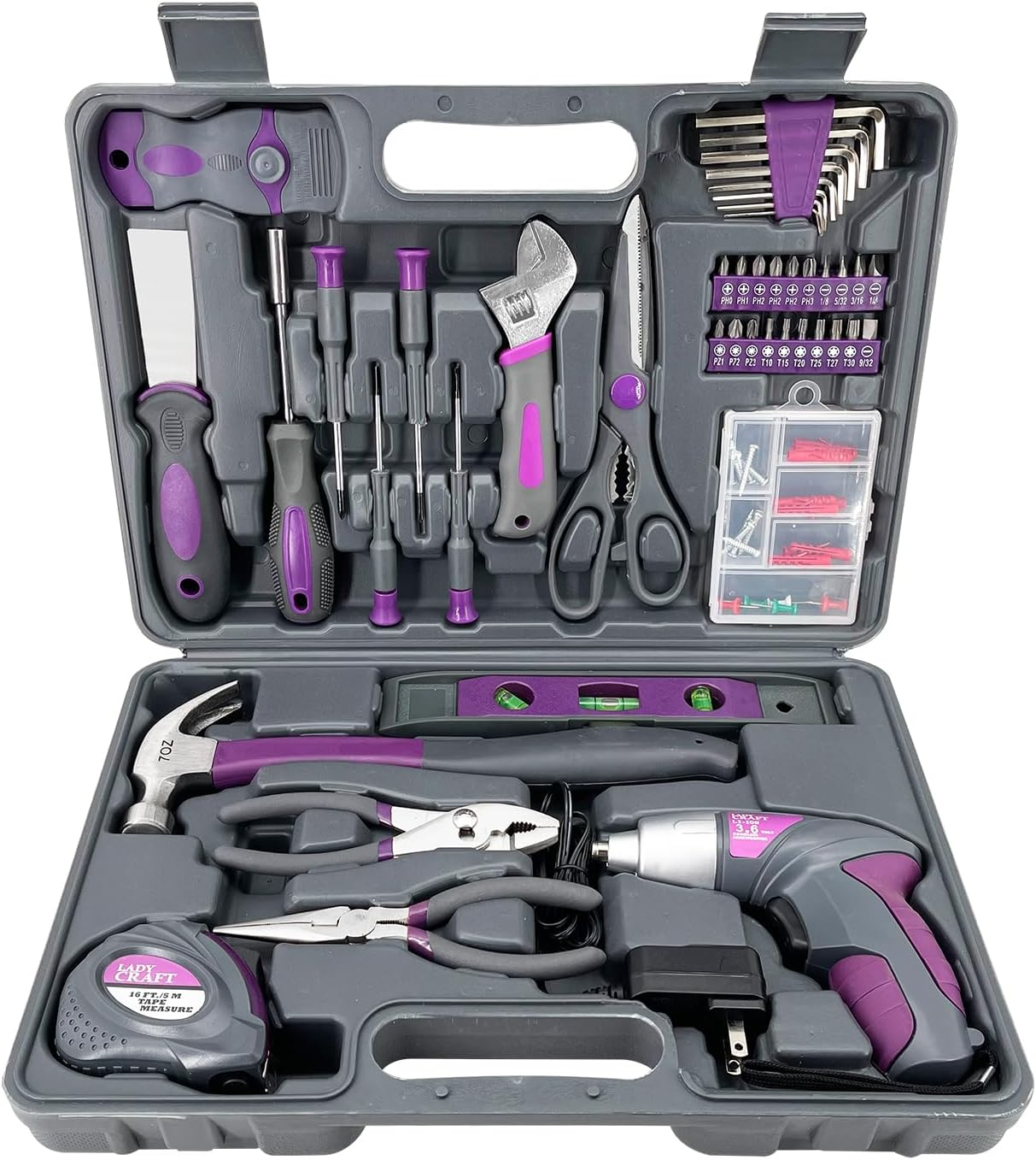 Werktough 44PCS 4V Cordless Screwdriver Tool Kit Set Pink Color Tools Lady Tools Kit Home Repair Set Toolbox Hand Tool Kit Storage Case Gift Set LADYCRAFT