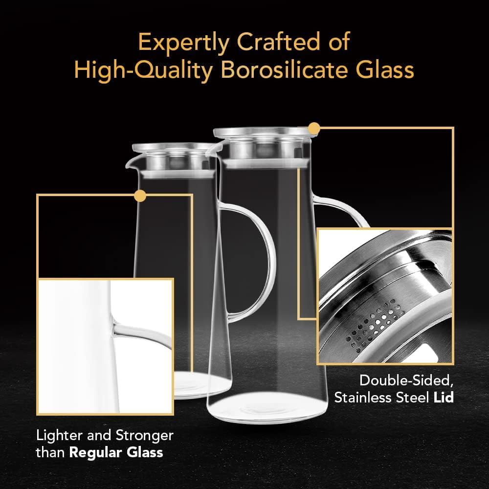 Glass Pitcher with Lid and Spout Set of 2 Heat Resistant Glass Water Jug with Stainless Steel Lid 1500Ml Good for Coffee Juice Beverage Pitcher for Juice and Iced Tea Pitcher Water Carafe image number 6