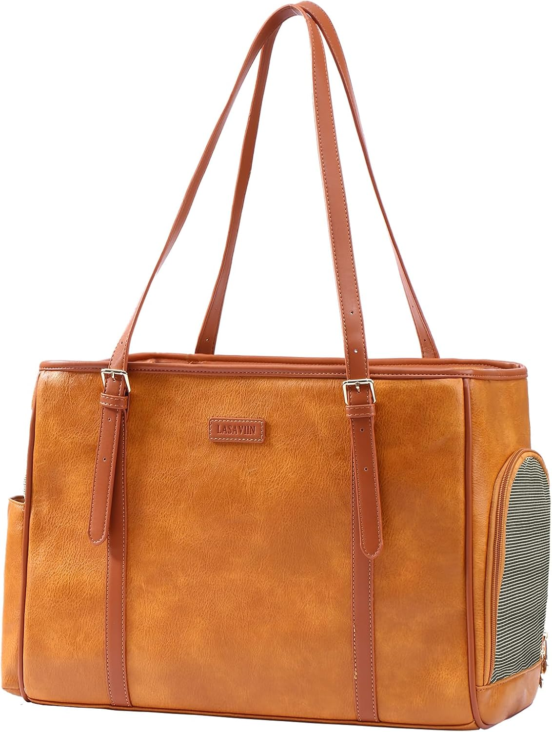 Lasaviin Fashion Dog Purse Pet Carrier Leather Bag for Small Dogs Cats Puppy, Portable Tote Bag Airline Approved Soft-Sided Carriers (Beign)